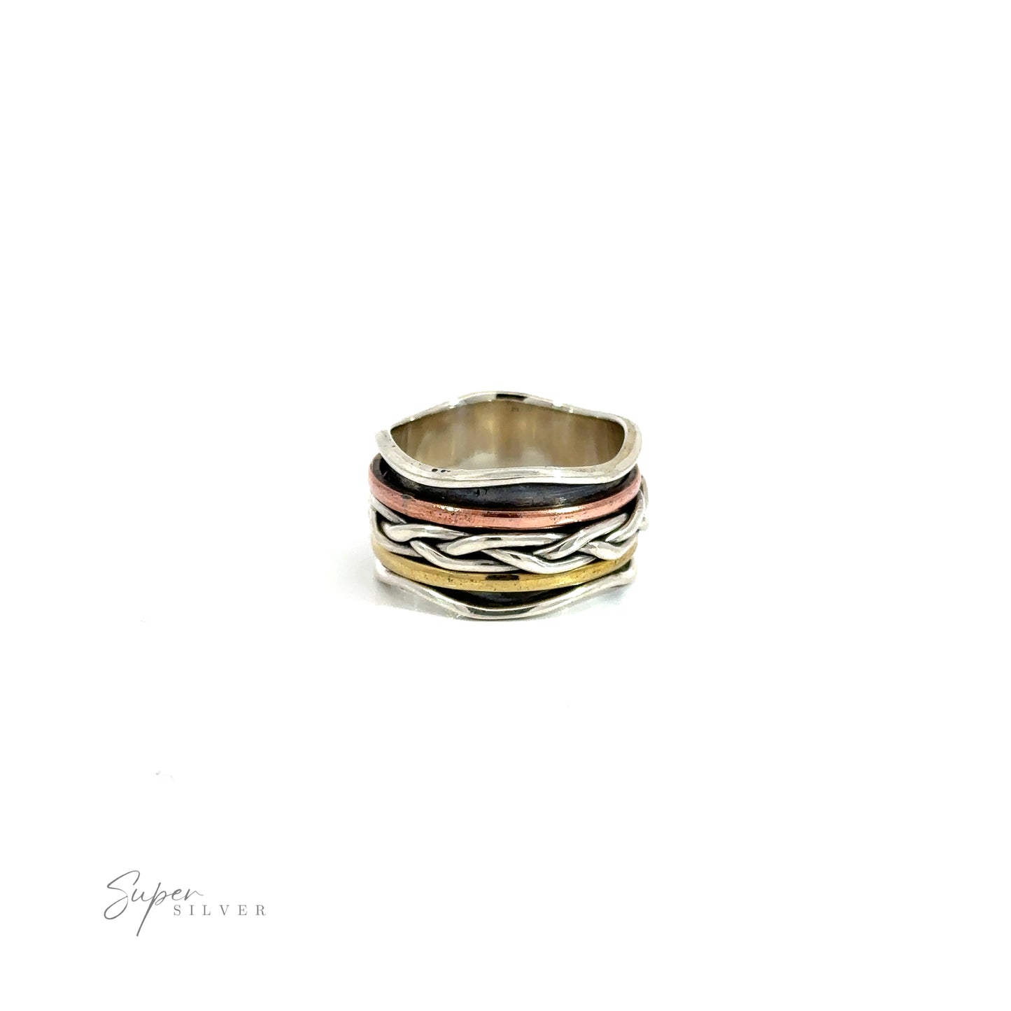 
                  
                    A Handmade Spinner with Gold, Copper, and a Braided Silver Band with multi colored stripes.
                  
                