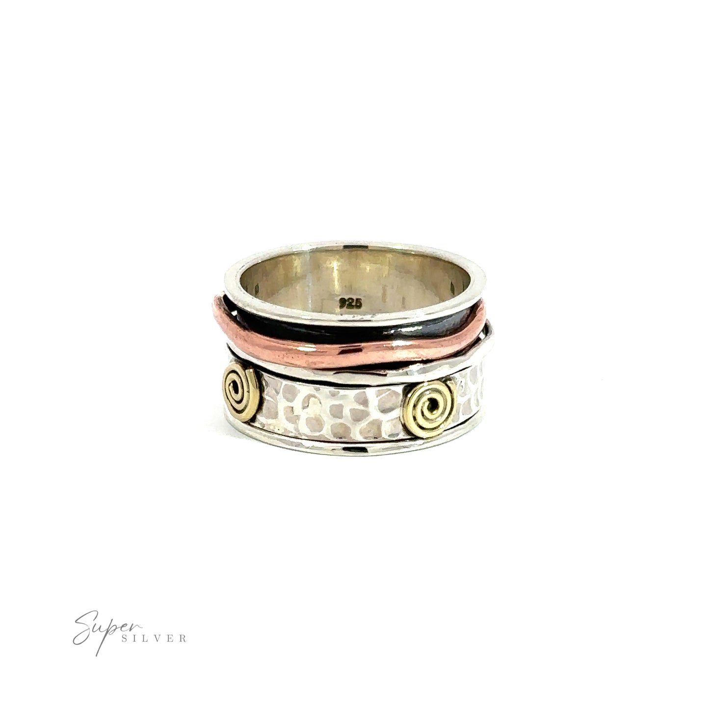 
                  
                    A hammered silver band with gold spiral accents, creating a unique and elegant Handmade Spinner Ring with Copper and Gold Spirals.
                  
                