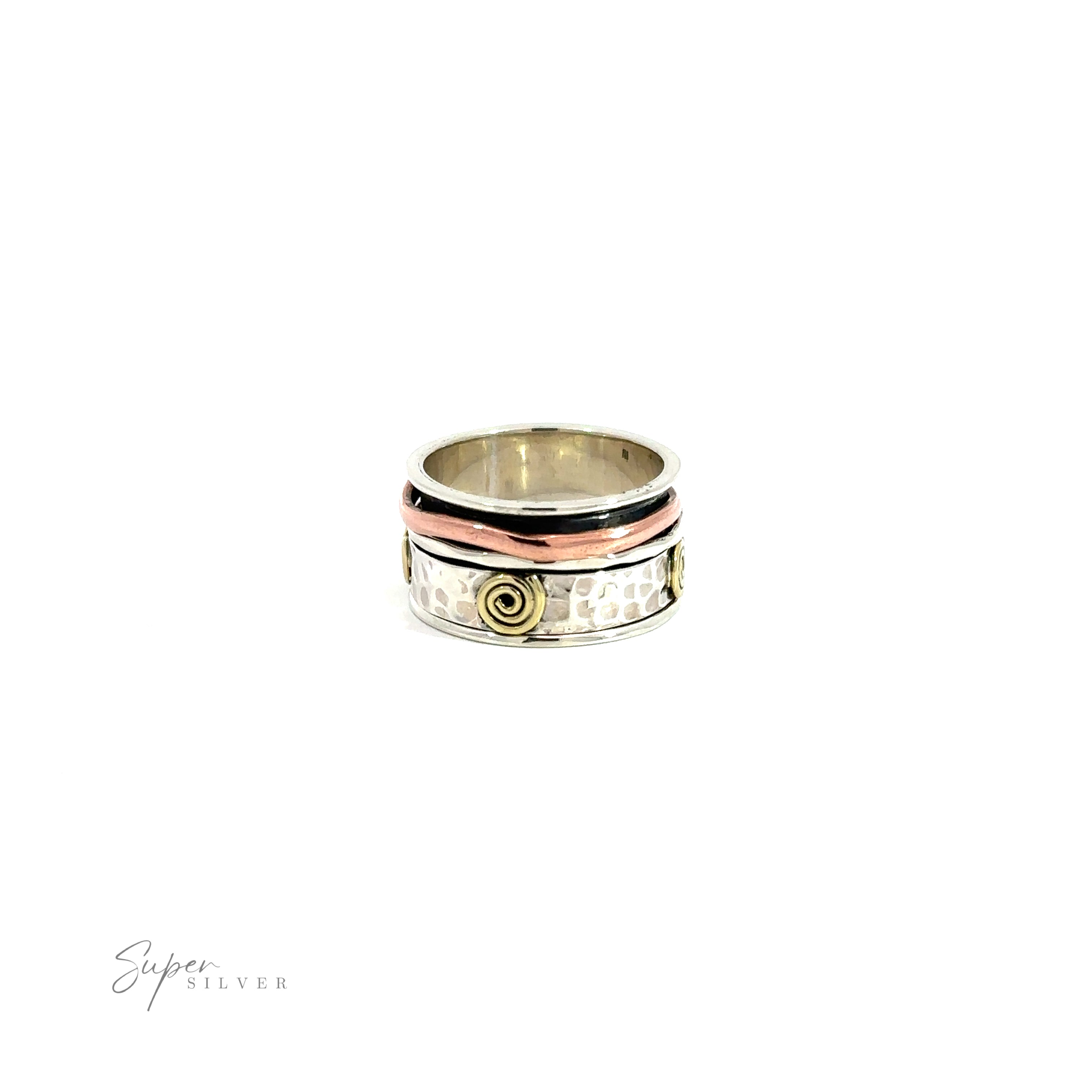 A Handmade Spinner Ring with Copper and Gold Spirals adorned with hammered silver band, elegantly showcased on a pristine white background.