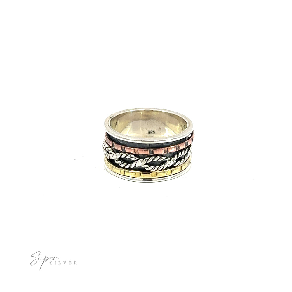 
                  
                    A Handmade Spinner Ring with Twisting Rope with etched gold and copper bands that create multi colored stripes on its twisting band.
                  
                