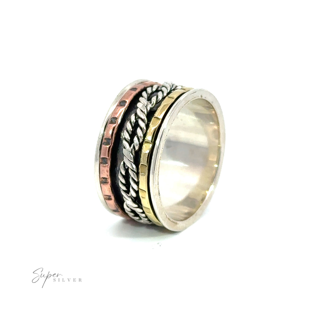 A Handmade Spinner Ring with Twisting Rope in silver and gold.