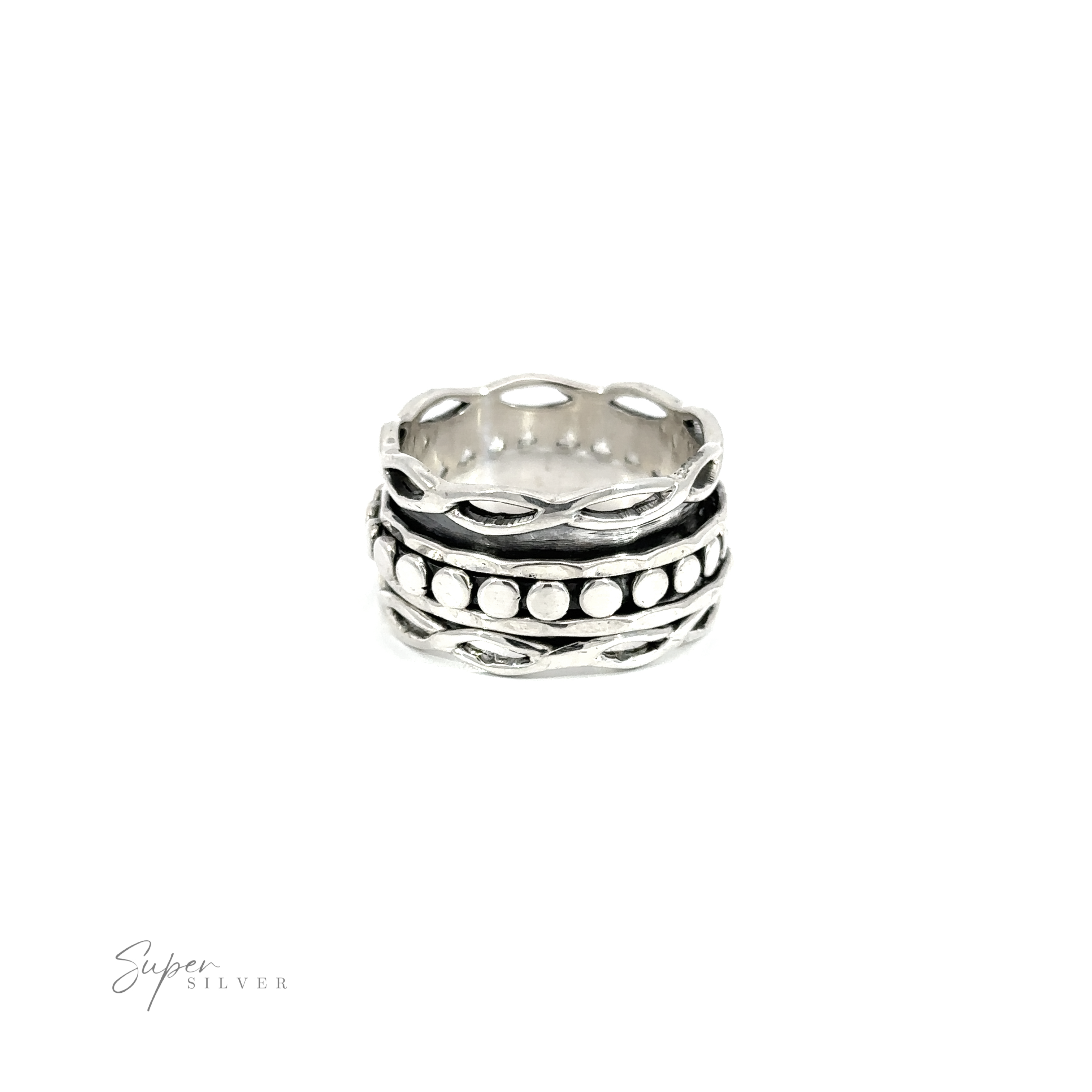 A Spinner Ring with Twisted Borders with black and white beads.