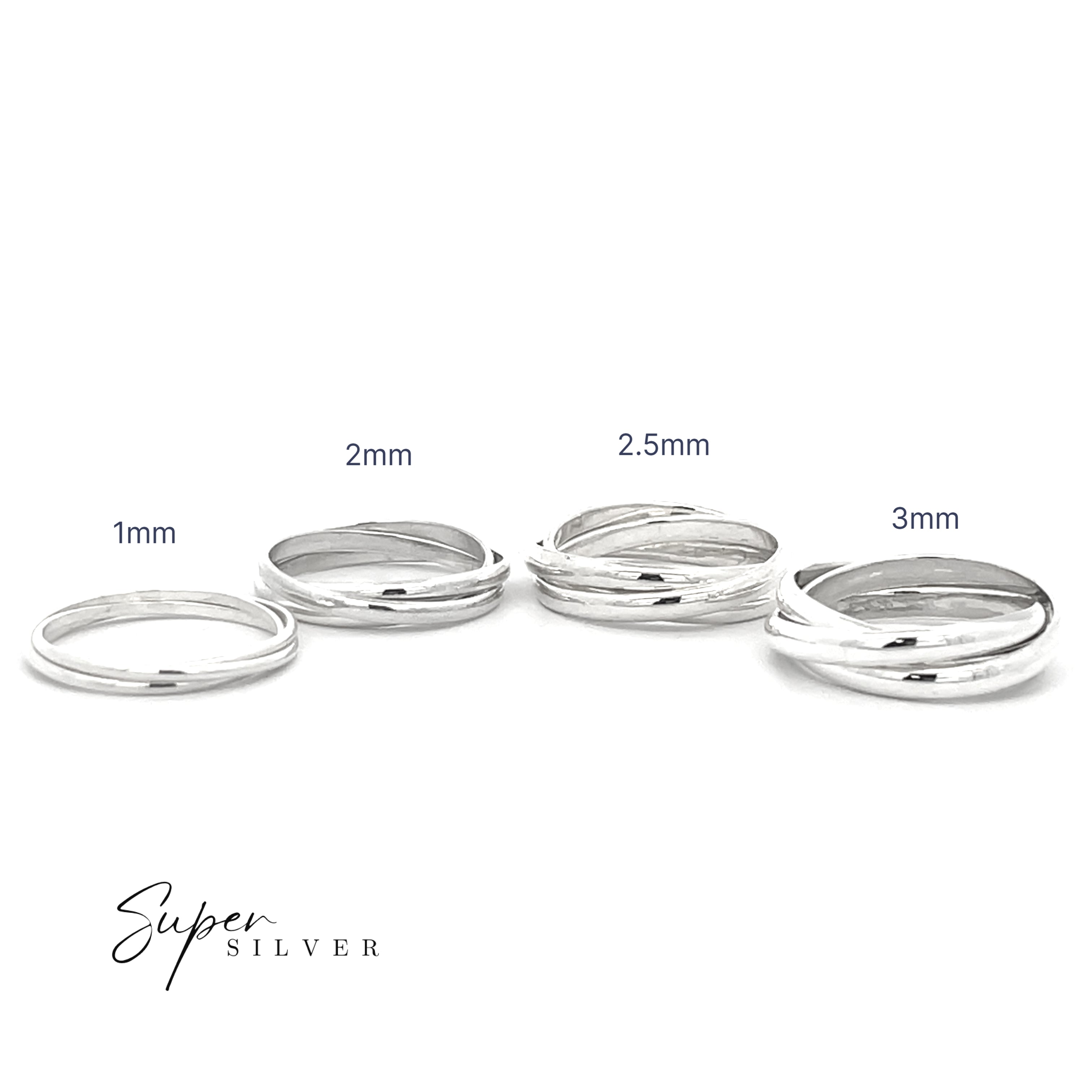Three Ring Rolling Bands in sterling silver are shown left to right in 1mm, 2mm, and 3mm sizes on a white background with "Super Silver" text—ideal for stacking or wearing as a classic sterling silver set.