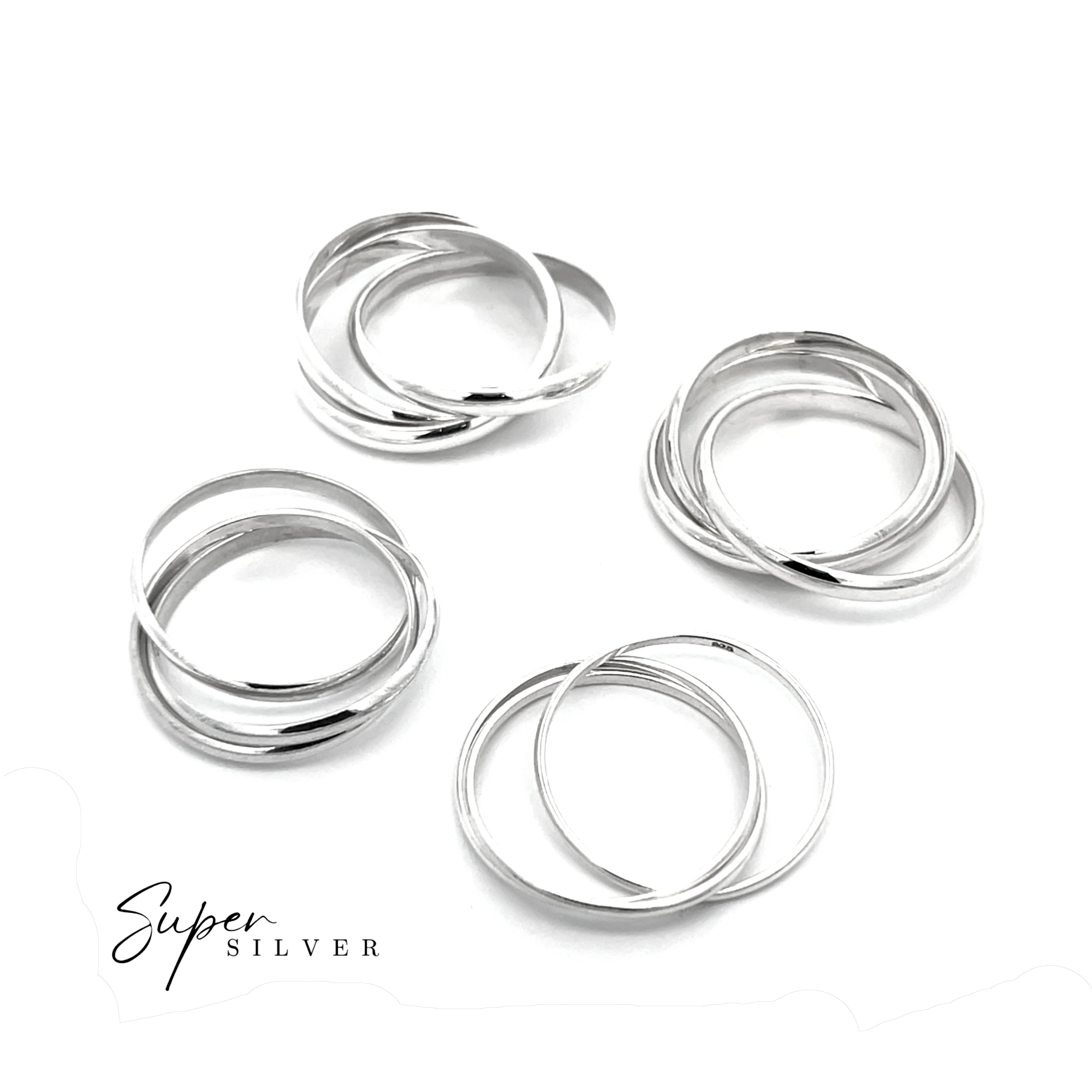 Four sets of interlocking silver rings, featuring the Three Ring Rolling Bands, are arranged on a white background with "Super Silver" text in the lower left corner.