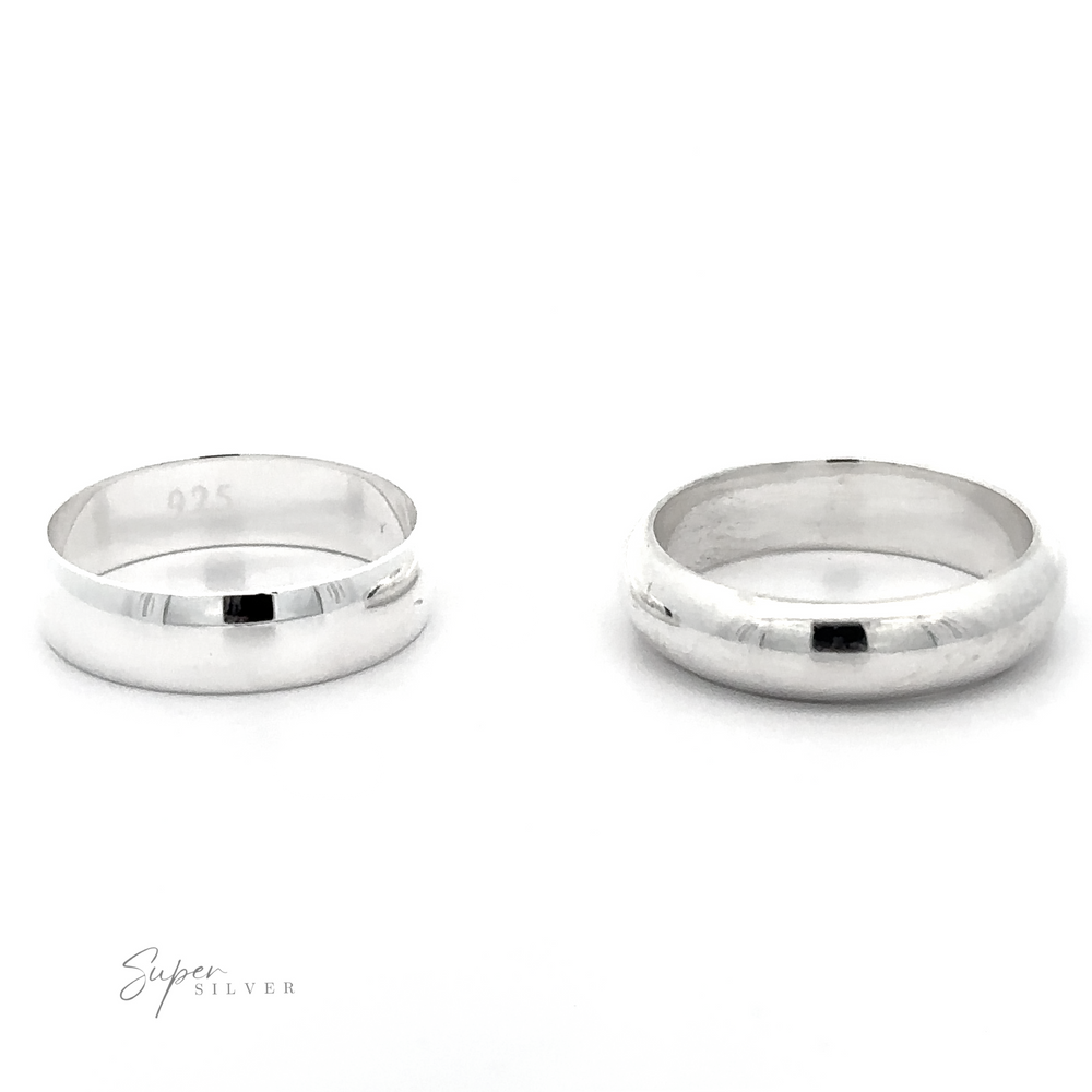 Two 5mm Plain Band wedding rings on a white background.