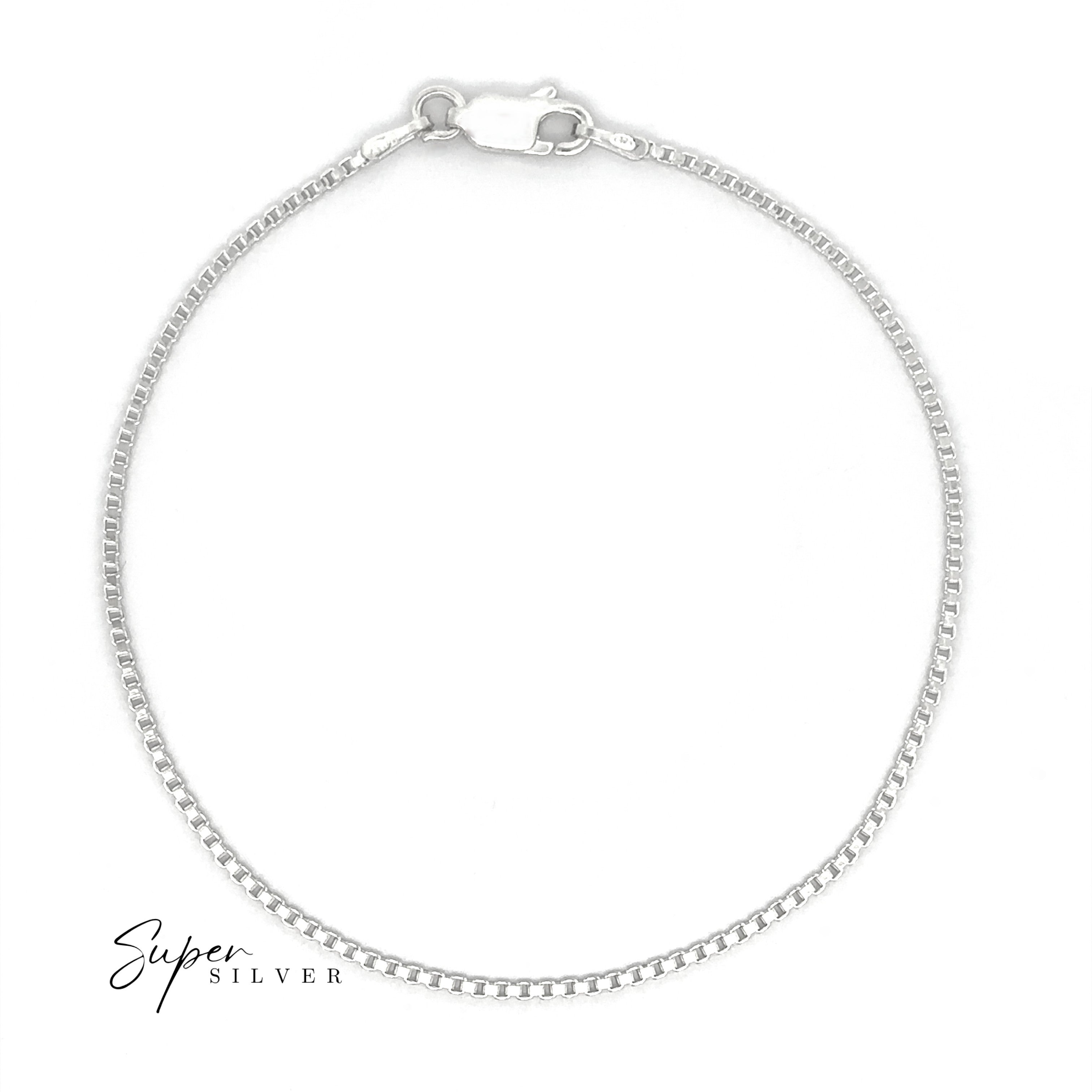 The Italian Edge Box Chain, a sterling silver bracelet with a lobster clasp, is displayed in a circular shape on a white background with "Super Silver" in the lower left corner.