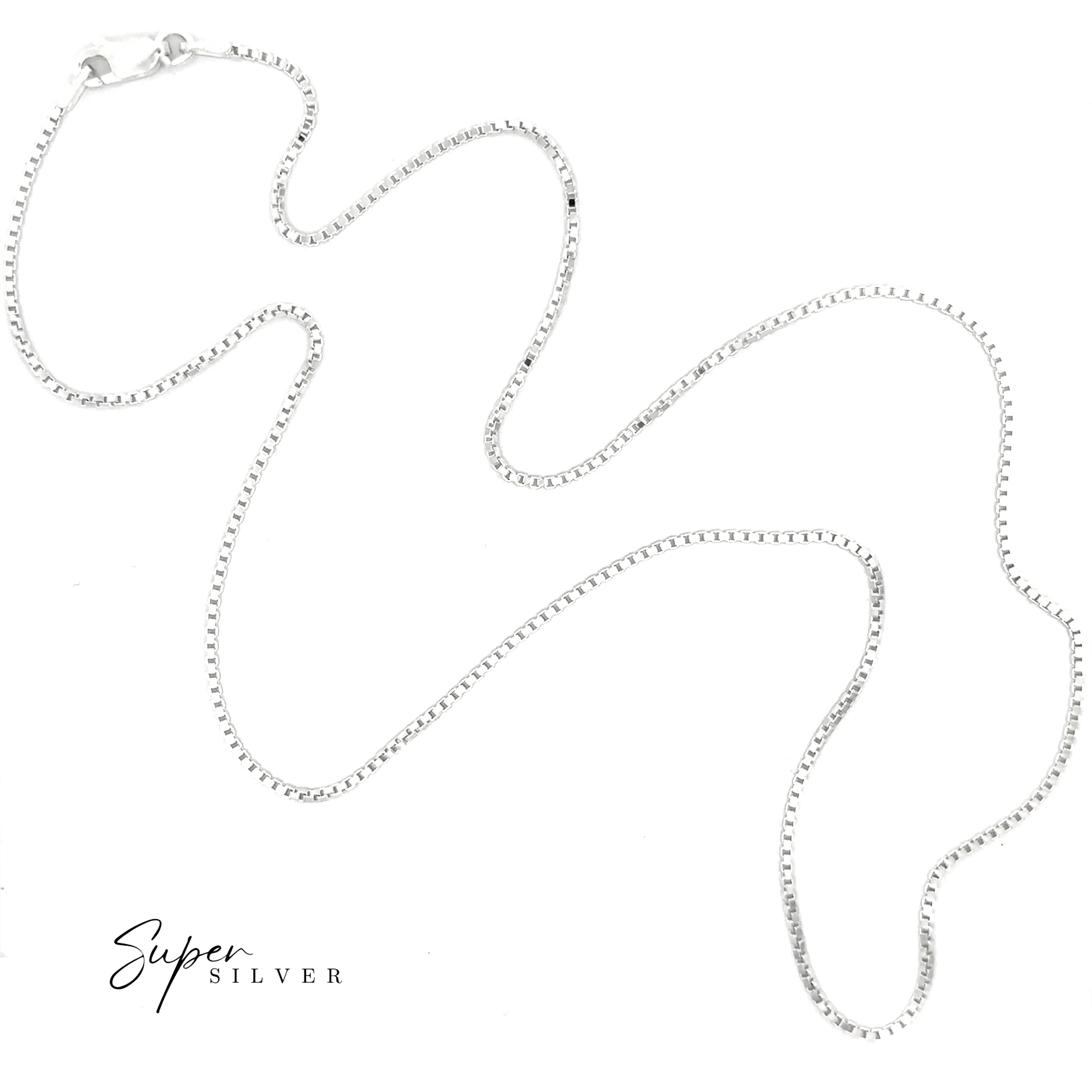 The Italian Edge Box Chain is a men's minimalist sterling silver necklace with a lobster clasp, shown on a white background. The Super Silver logo is visible in the bottom left corner.