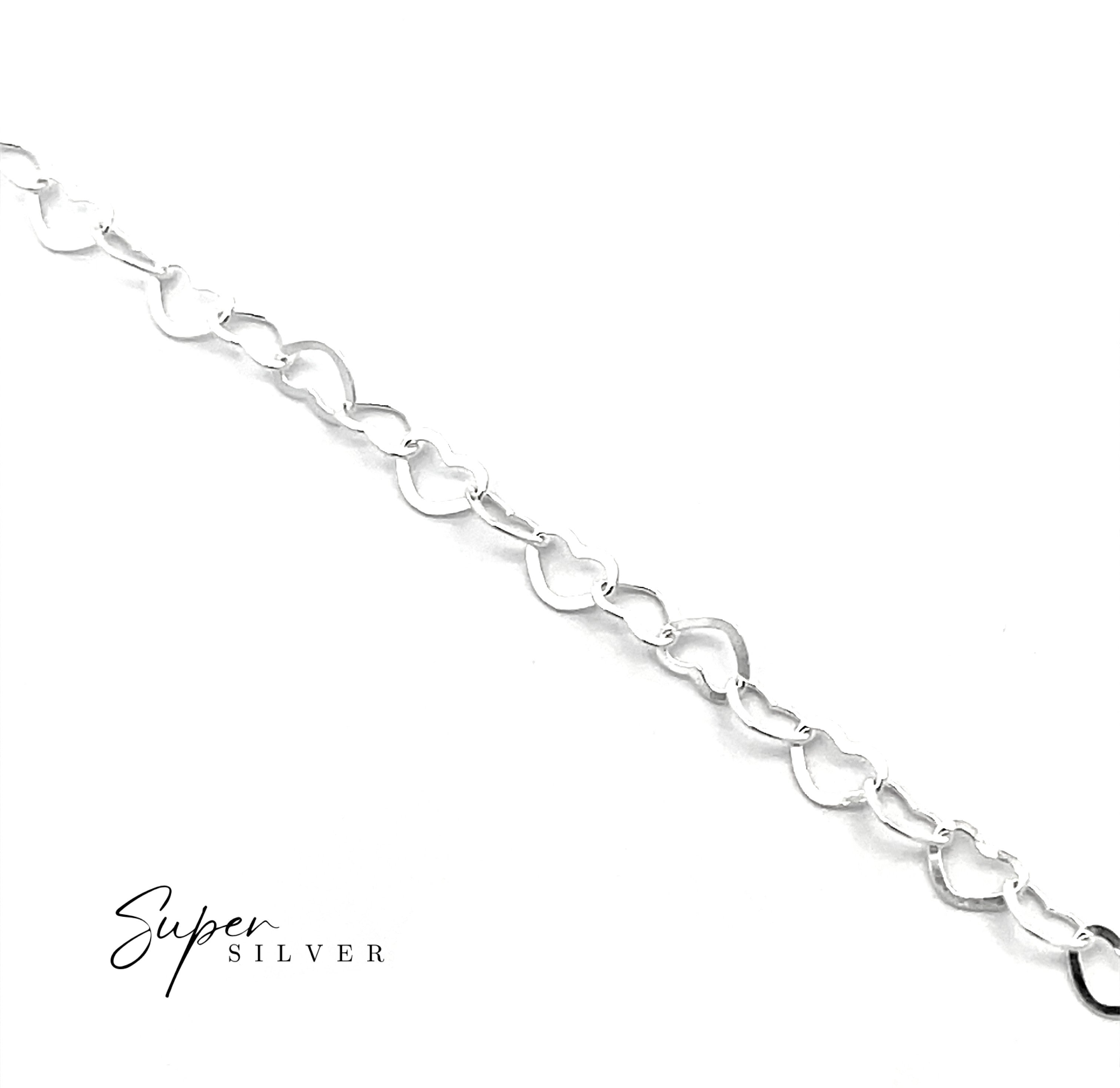 The Italian Heart Link Chain features interlocking oval and heart-shaped sterling silver links, displayed diagonally on a white background with the "Super Silver" text in the bottom left corner.