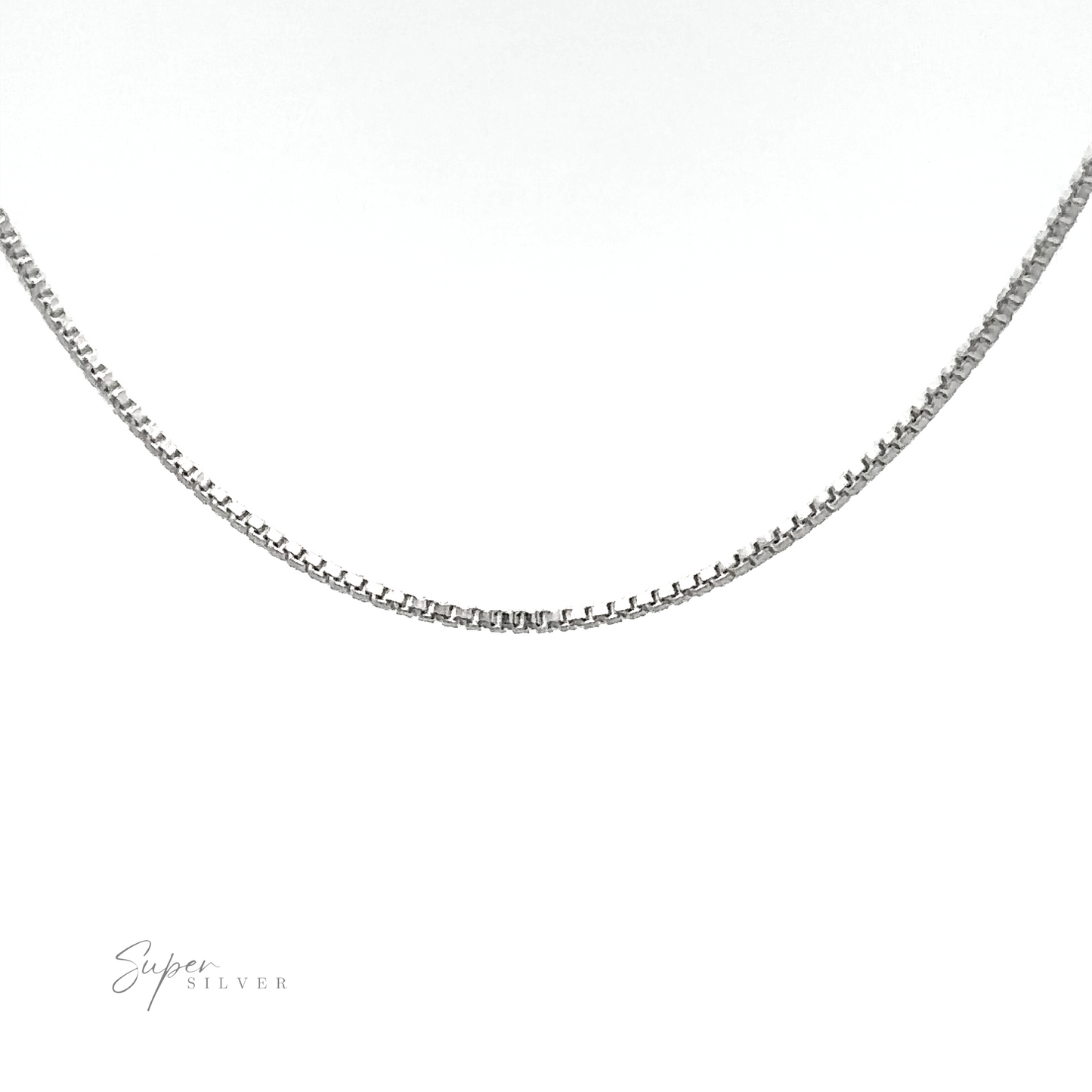 
                  
                    A close-up image of a thin Delicate Sterling Silver Box Chain necklace on a white background. The logo "Super Silver" is visible in the bottom left corner, showcasing the .925 Sterling Silver quality.
                  
                