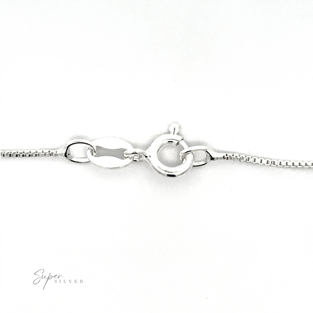 
                  
                    Close-up image of an Italian-made, Delicate Sterling Silver Box Chain in .925 Sterling Silver with a partially open spring ring clasp. The brand name "Super Silver" is visible in the corner.
                  
                