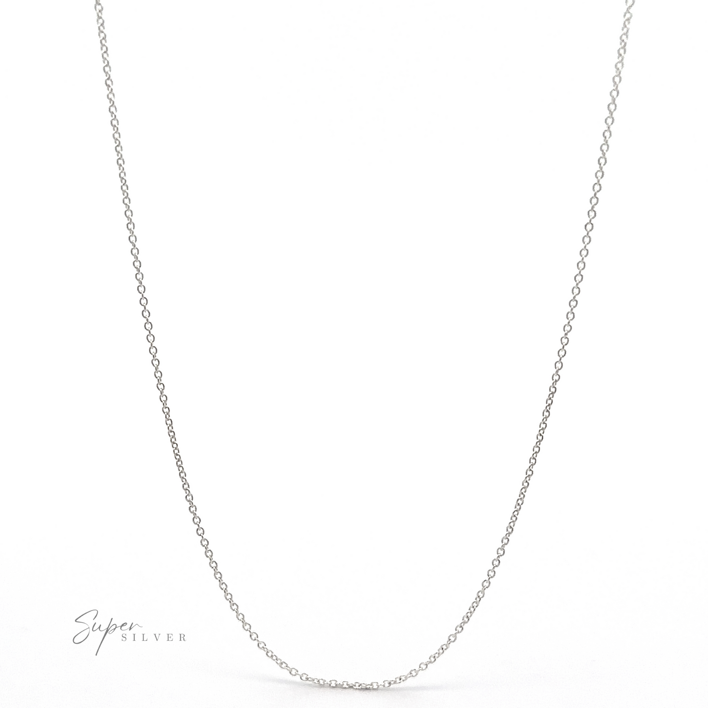 
                  
                    A delicate Dainty Cable Chain necklace made of .925 Sterling Silver featuring small, evenly spaced oval links on a simple white background, with the text "Super Silver" displayed in the lower left corner.
                  
                