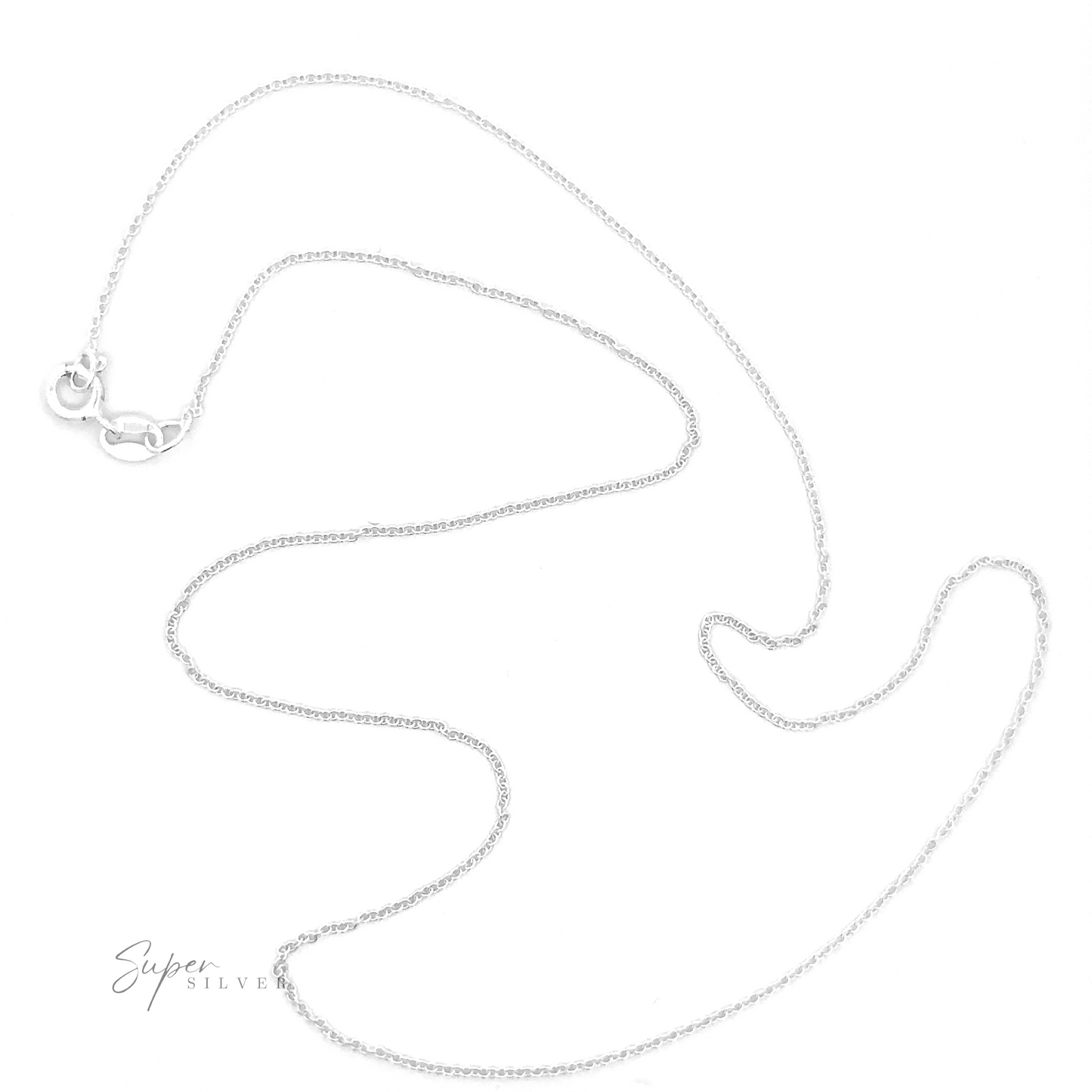 
                  
                    A stylish Dainty Cable Chain necklace made of .925 Sterling Silver with a clasp at one end is laid out in a loose, winding shape on a white background. The "Super Silver" brand name is visible on the lower left.
                  
                