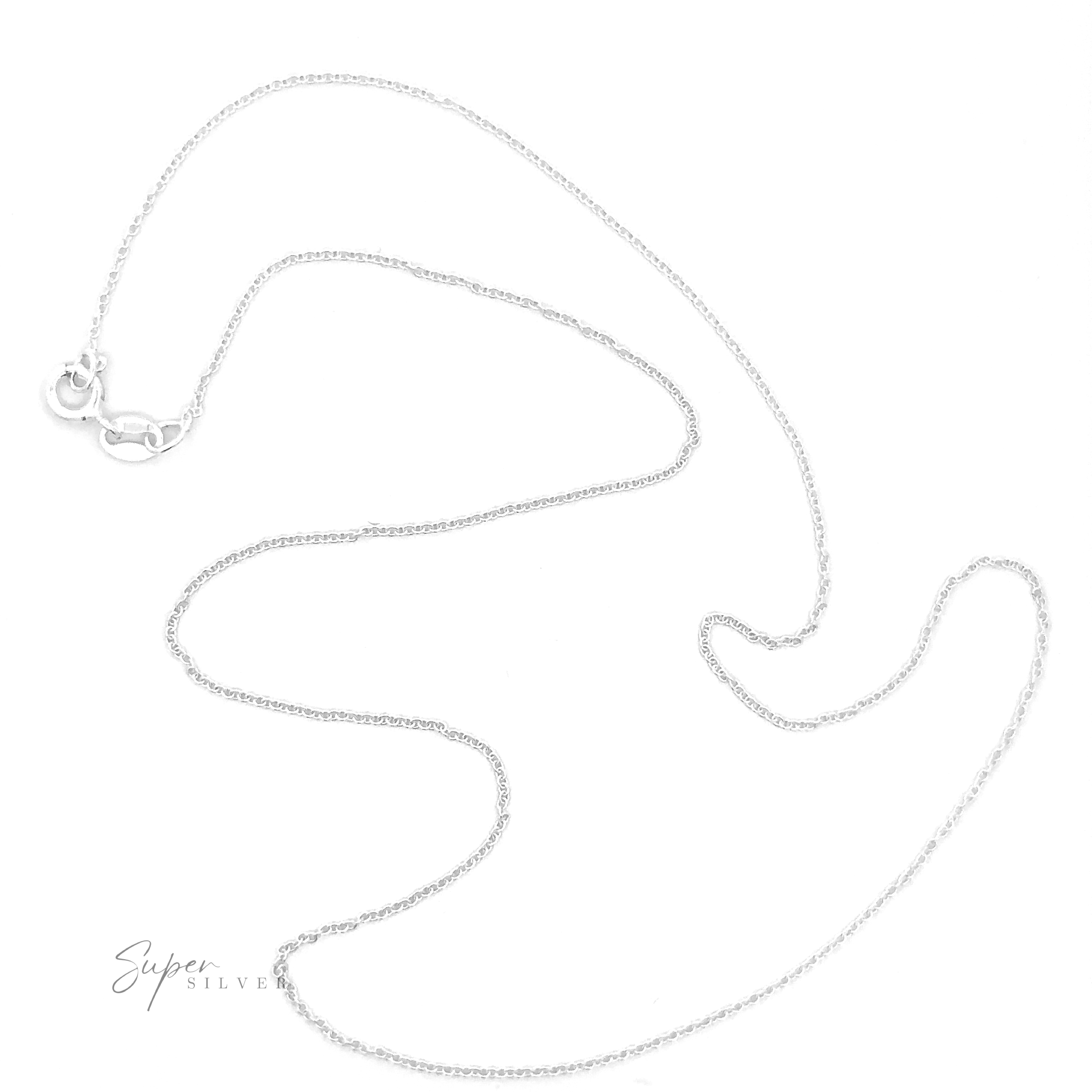 A stylish Dainty Cable Chain necklace made of .925 Sterling Silver with a clasp at one end is laid out in a loose, winding shape on a white background. The "Super Silver" brand name is visible on the lower left.