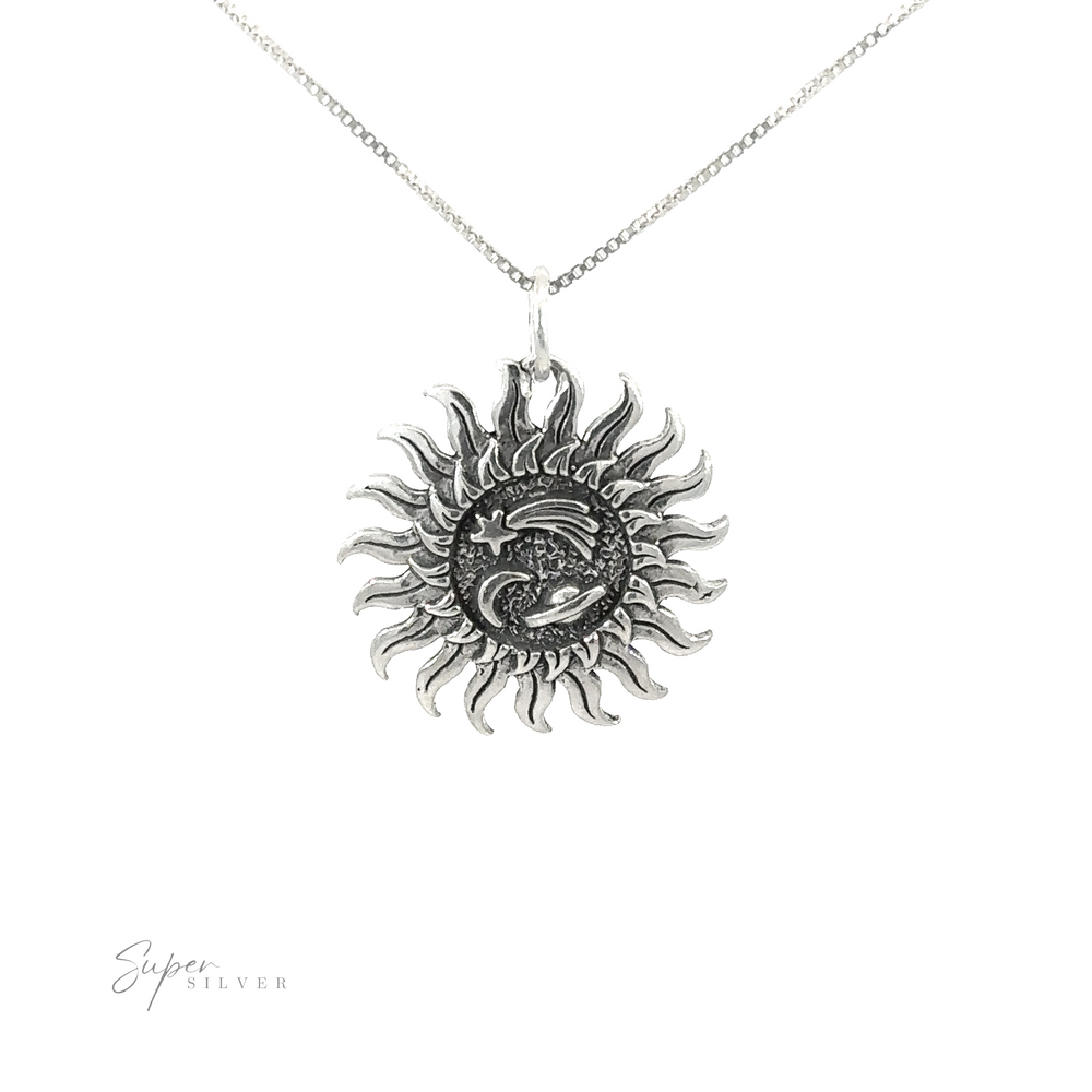 Trippy Sun Charm with Space Details pendant on a chain, embodying psychedelic flair.