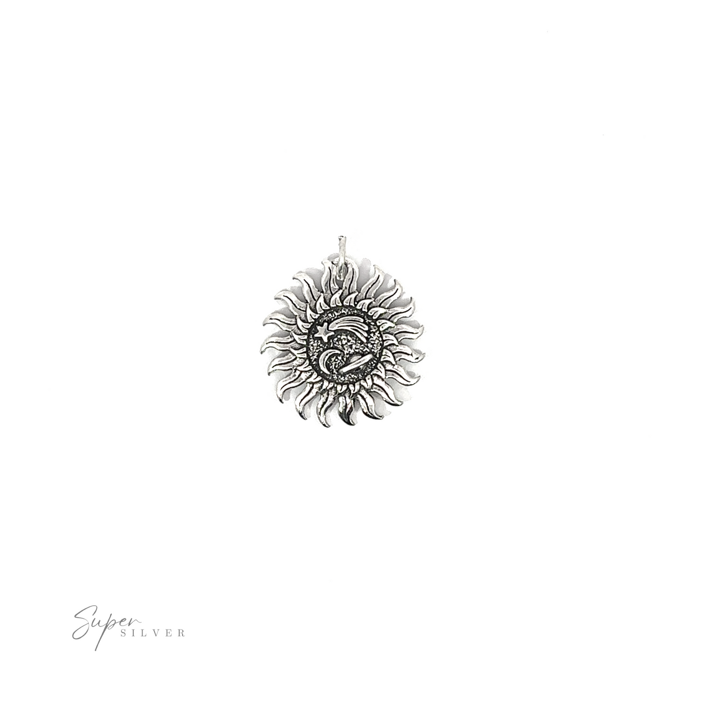 
                  
                    Trippy Sun Charm with Space Details pendant with intricate design embodying celestial energy on a white background.
                  
                