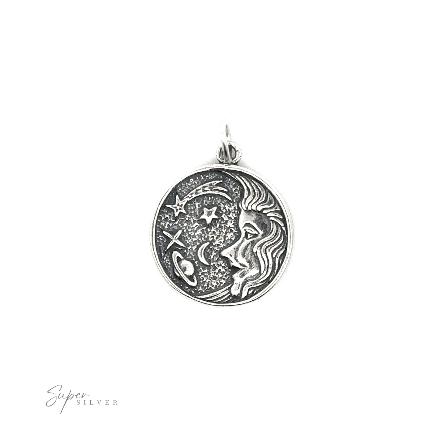 A Cosmic Medallion pendant with a silver moon and stars, exuding cosmic bliss.