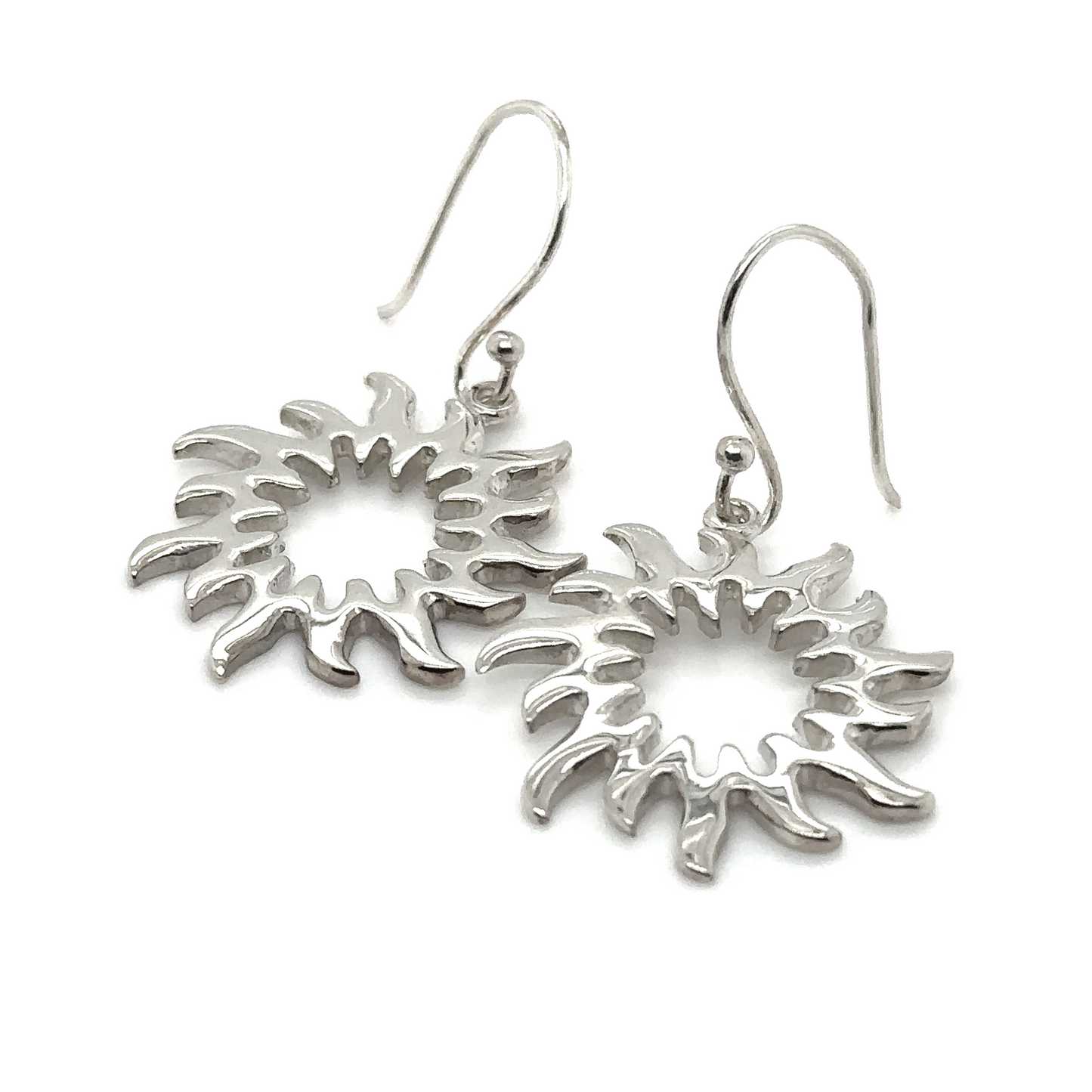 
                  
                    A pair of Super Silver Open Sun Earrings with a sunburst design.
                  
                