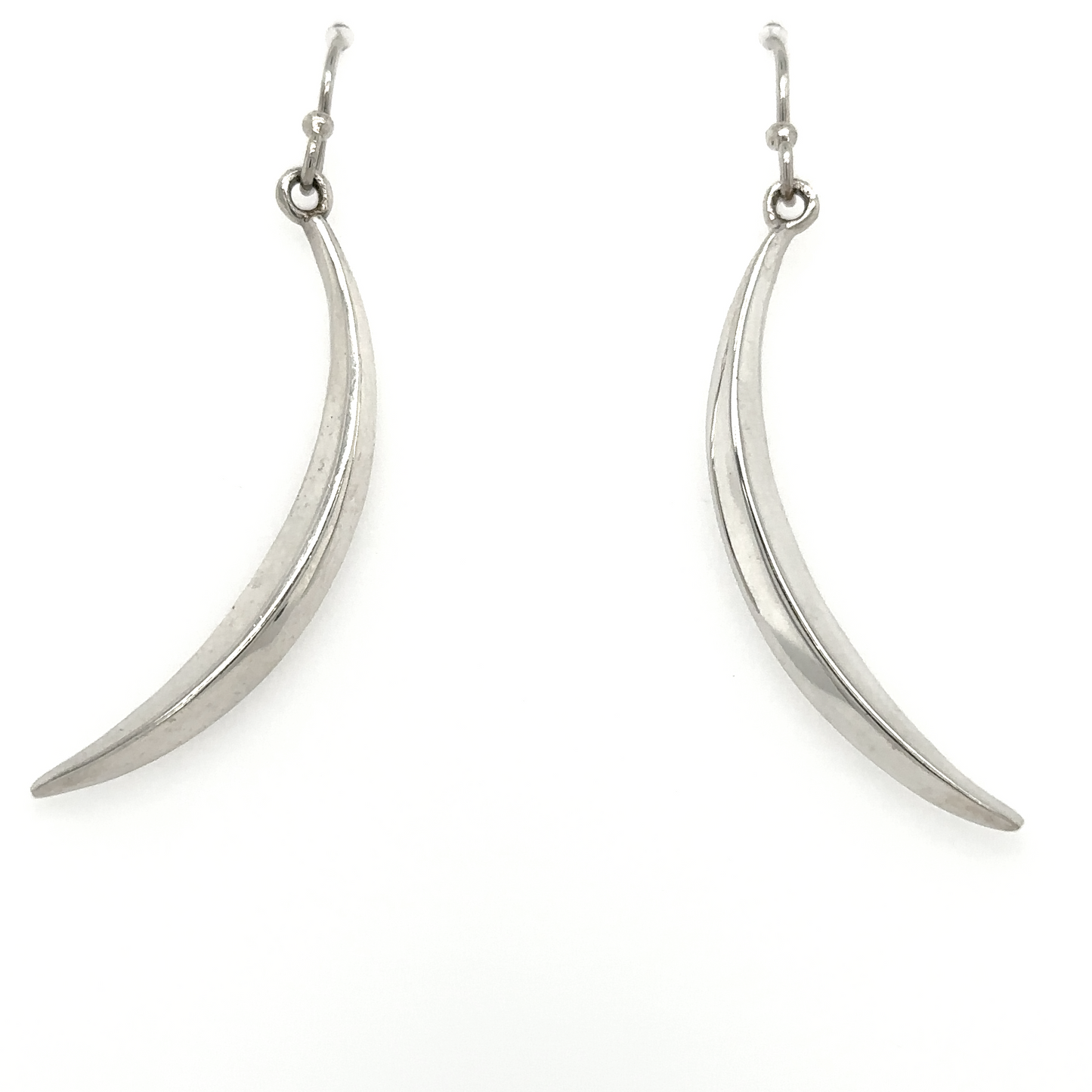 
                  
                    A pair of Super Silver Crescent Moon Earrings on a white background.
                  
                