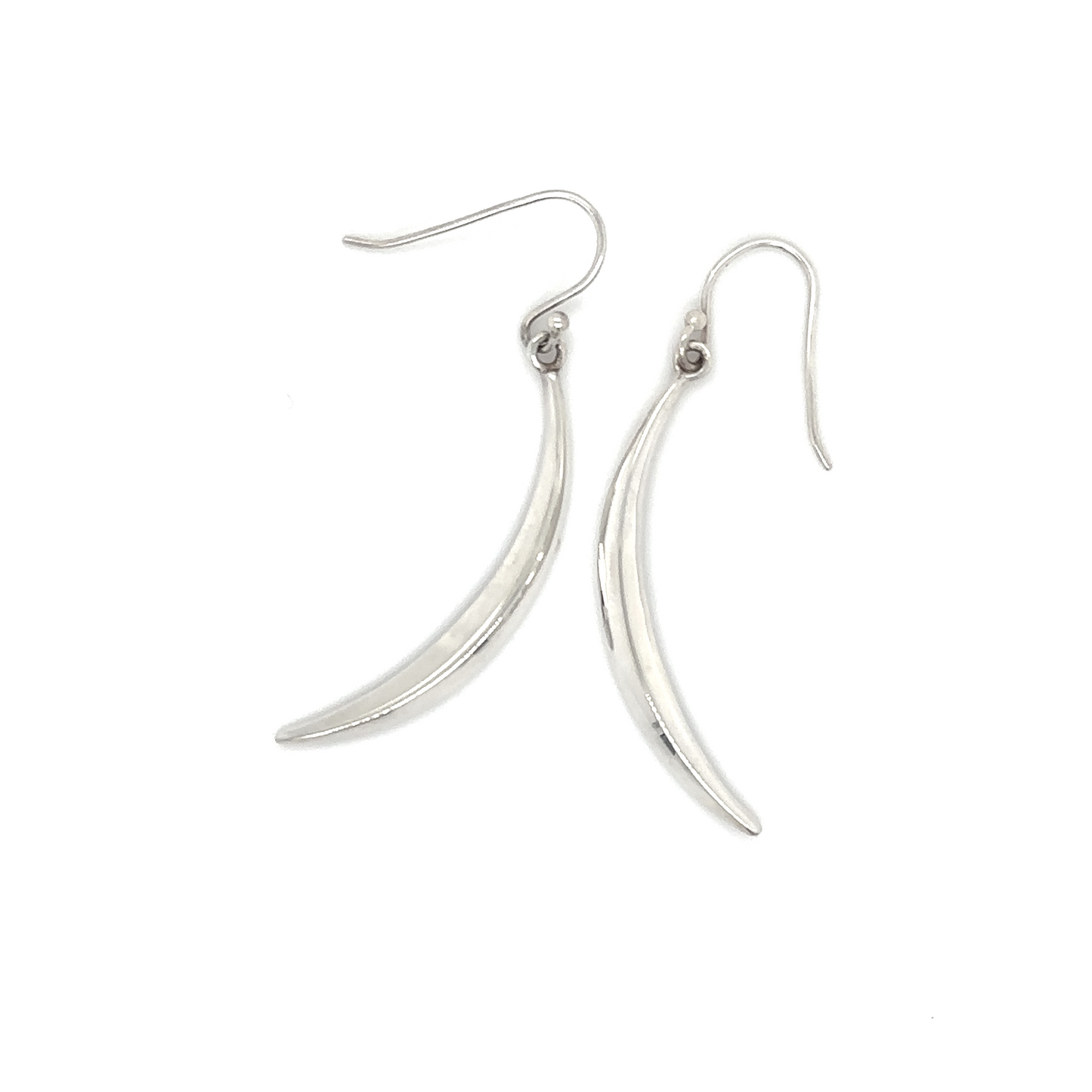 A pair of Super Silver Crescent Moon earrings with a crescent shape.