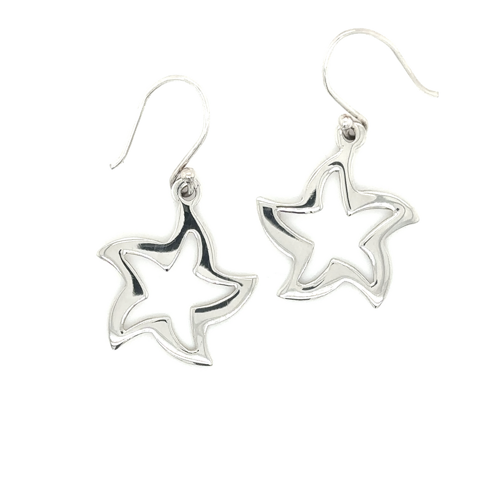 A pair of Super Silver Star Shape Open Earrings on a white background.