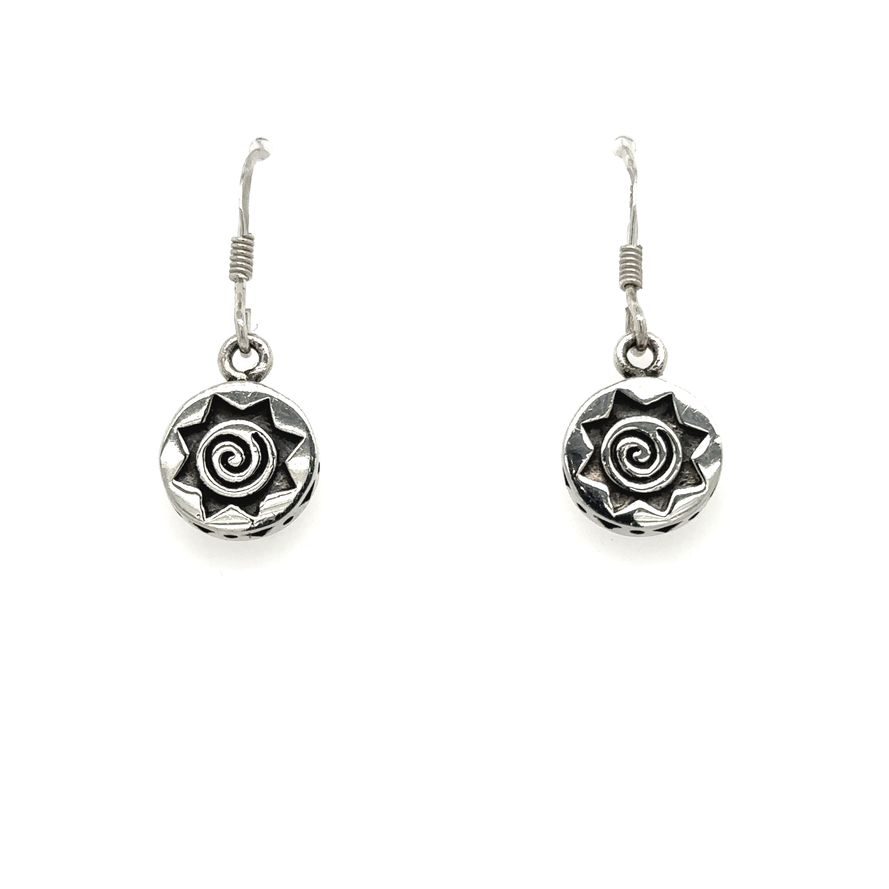 A pair of Super Silver Star Symbol Earrings with a spiraling design.