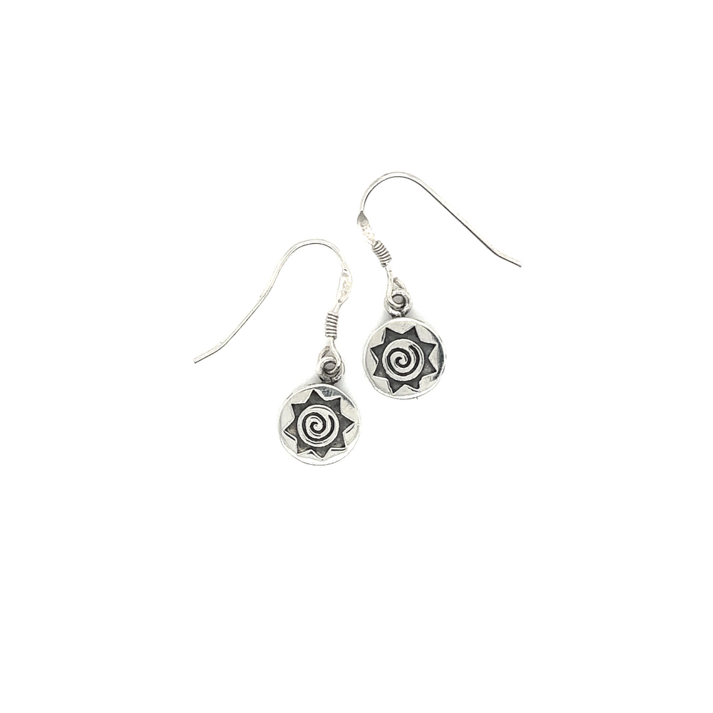 A pair of Super Silver Star Symbol Earrings with a sun design.