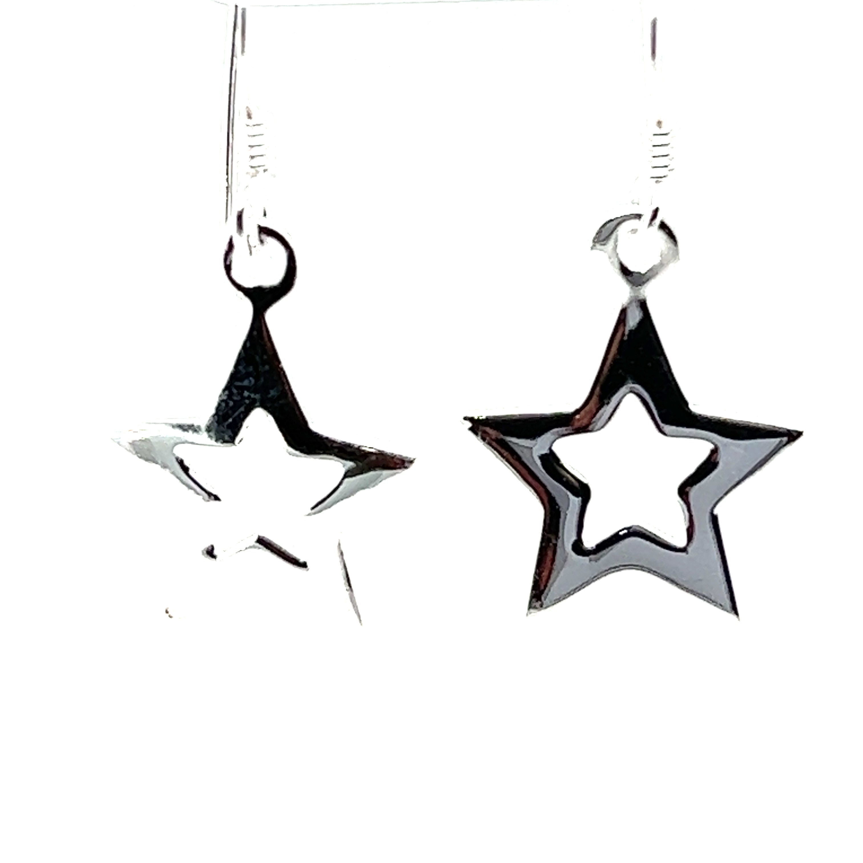 Open Super Silver Star Earrings on a white background.