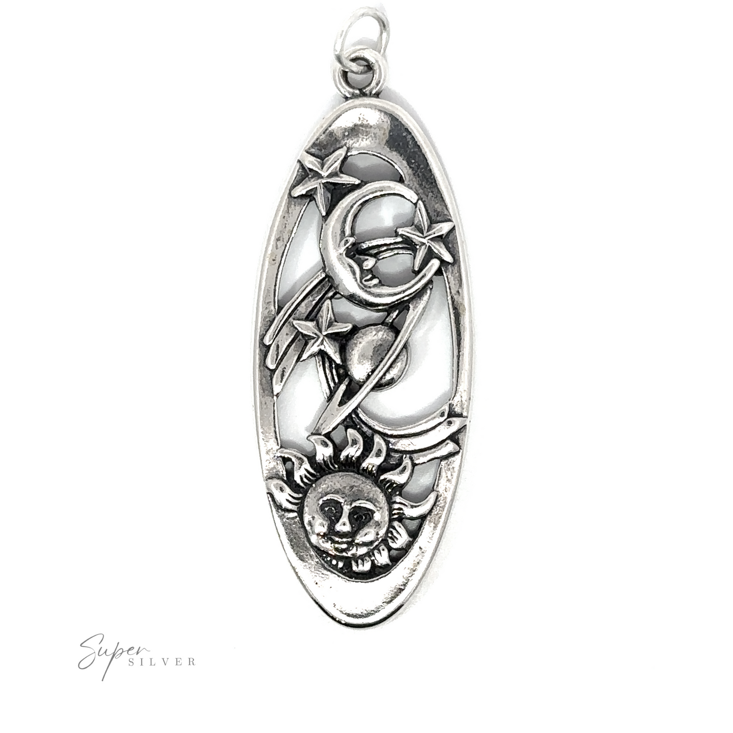 
                  
                    A Statement Space Pendant in .925 sterling silver with a sun and moon design.
                  
                