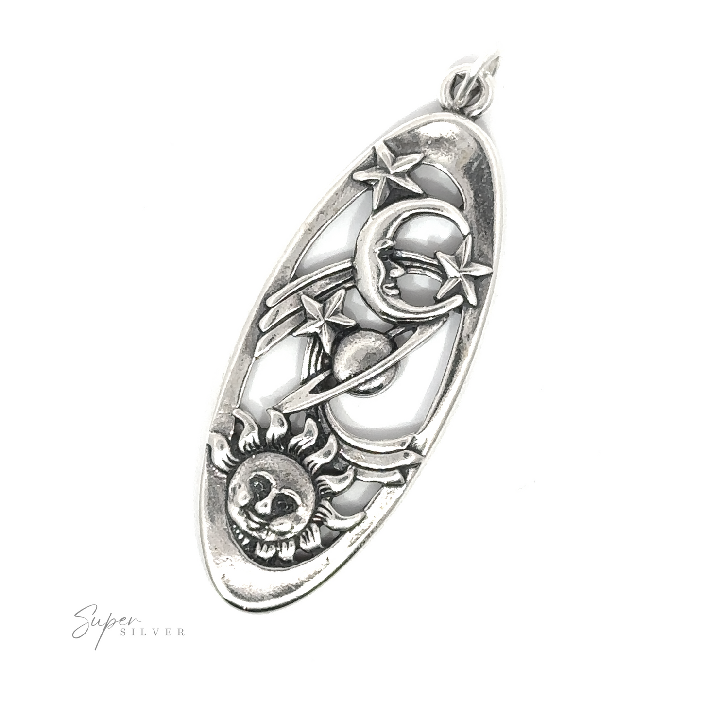 This Statement Space Pendant is crafted from .925 Sterling Silver and features a stunning design of a sun, moon, and stars.