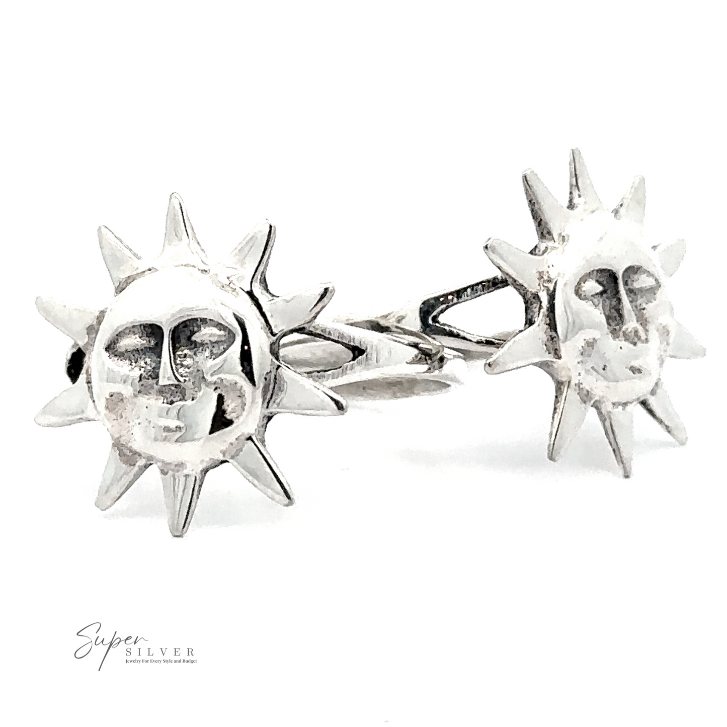 A Silver Sun Ring with intricate sun-shaped designs and facial features. The image includes a small logo in the lower left corner that reads "Super Silver." This sun-inspired jewelry piece exudes a celestial charm, perfect for elevating any ensemble with a touch of sterling sophistication.