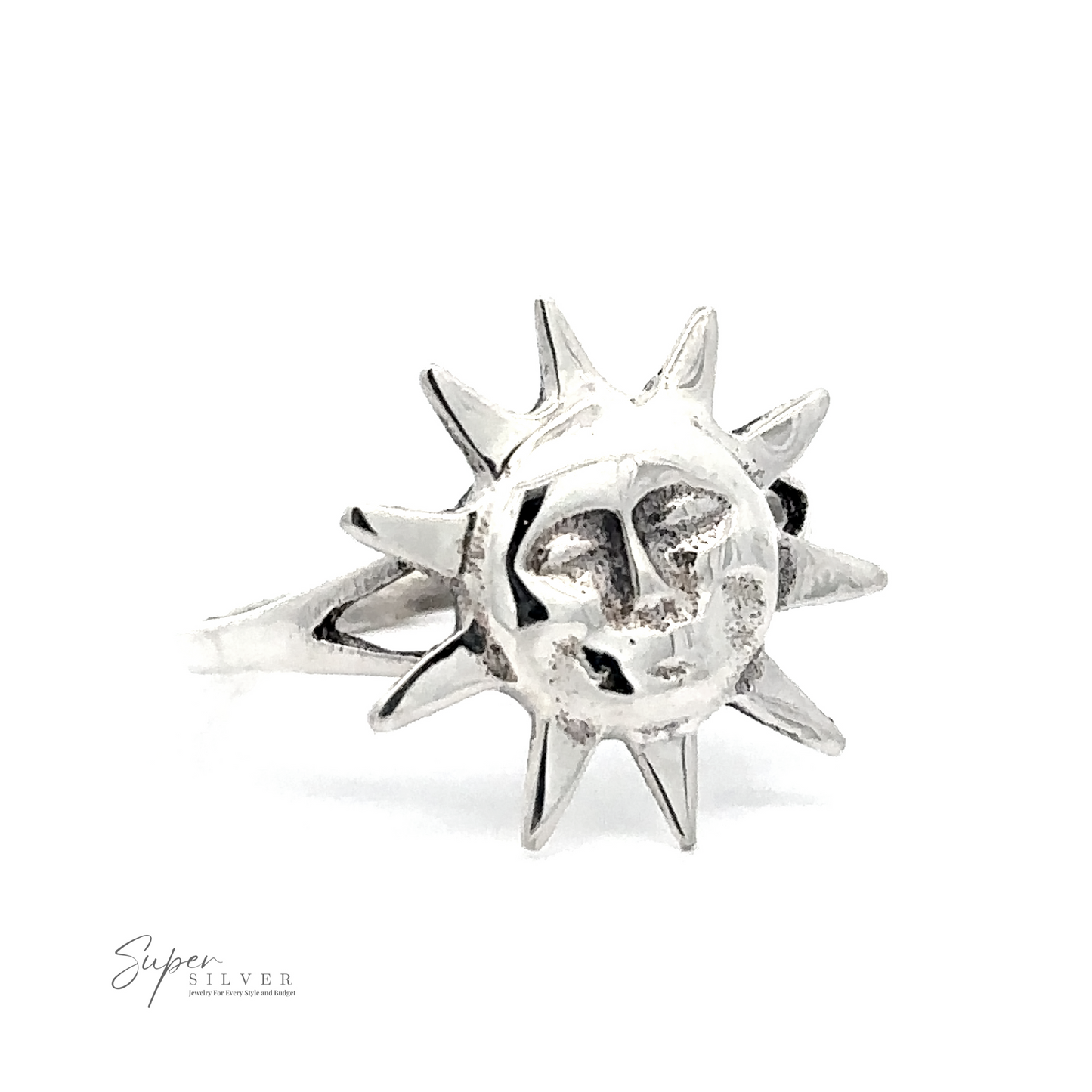 
                  
                    The Silver Sun Ring by Super Silver showcases a sterling silver design featuring a sun with a face and pointed rays extending outward. The brand's logo is visible in the bottom left corner.
                  
                