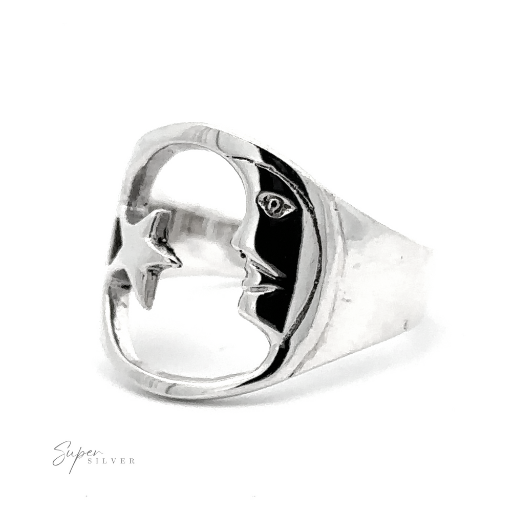 
                  
                    Celestial Moon And Star Ring featuring a crescent moon and star design with a reflective surface, displayed on a white background.
                  
                