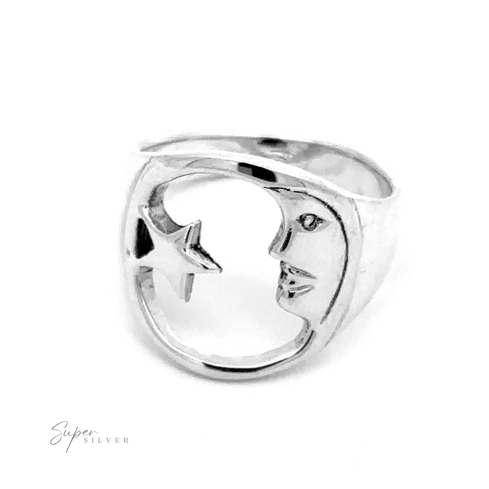 
                  
                    Celestial Moon And Star Ring featuring a crescent moon and star cutout design, displayed against a white background with "super silver" signature at the bottom.
                  
                