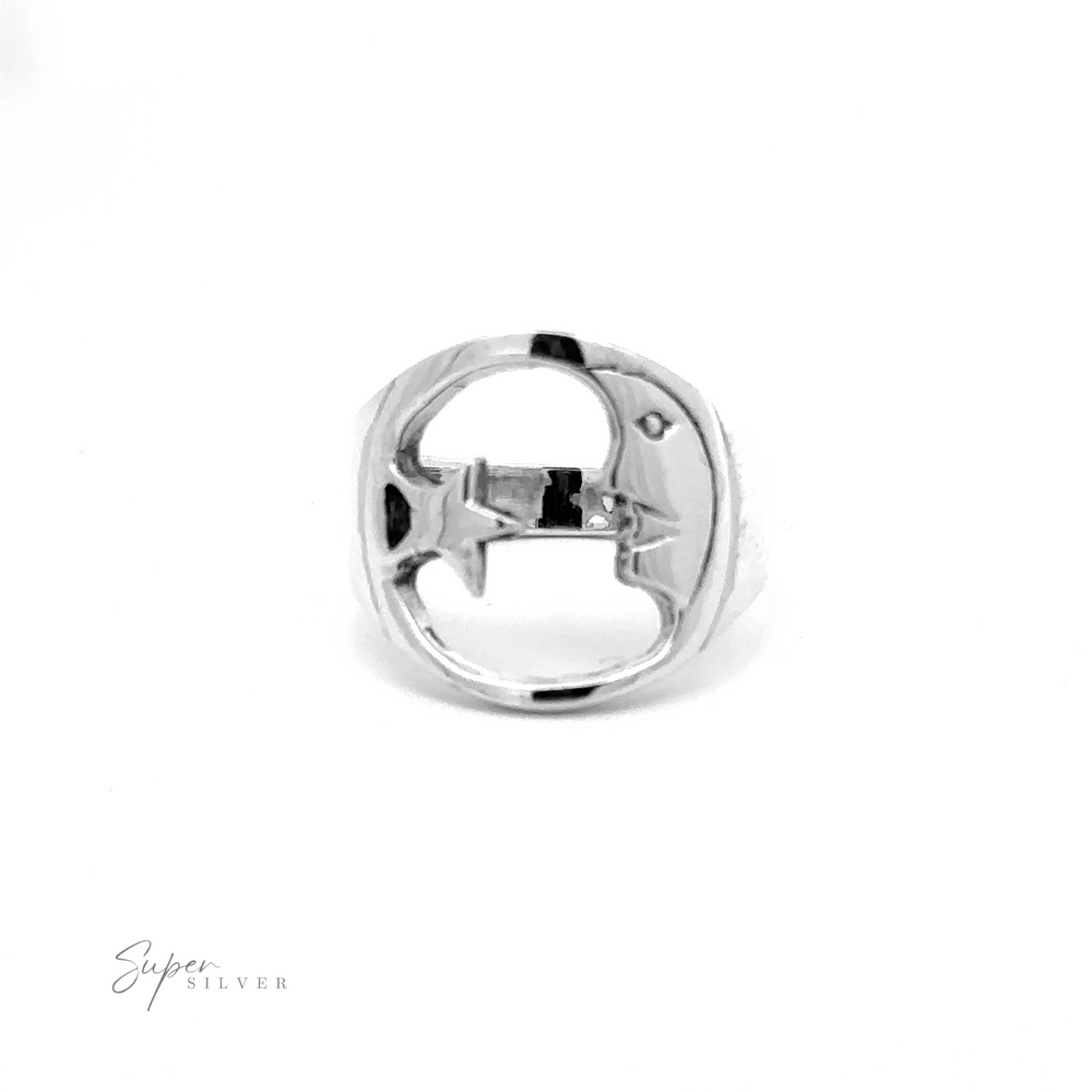 
                  
                    Celestial Moon And Star Ring with a crescent moon design and integrated prong, displayed on a white background with 'super silver' text.
                  
                