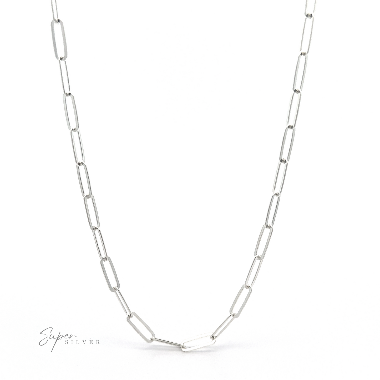 
                  
                    The Sterling Silver Paperclip Chain, characterized by its elongated rectangular links and exemplifying Italian craftsmanship with a minimalist design, is displayed on a plain white background.
                  
                