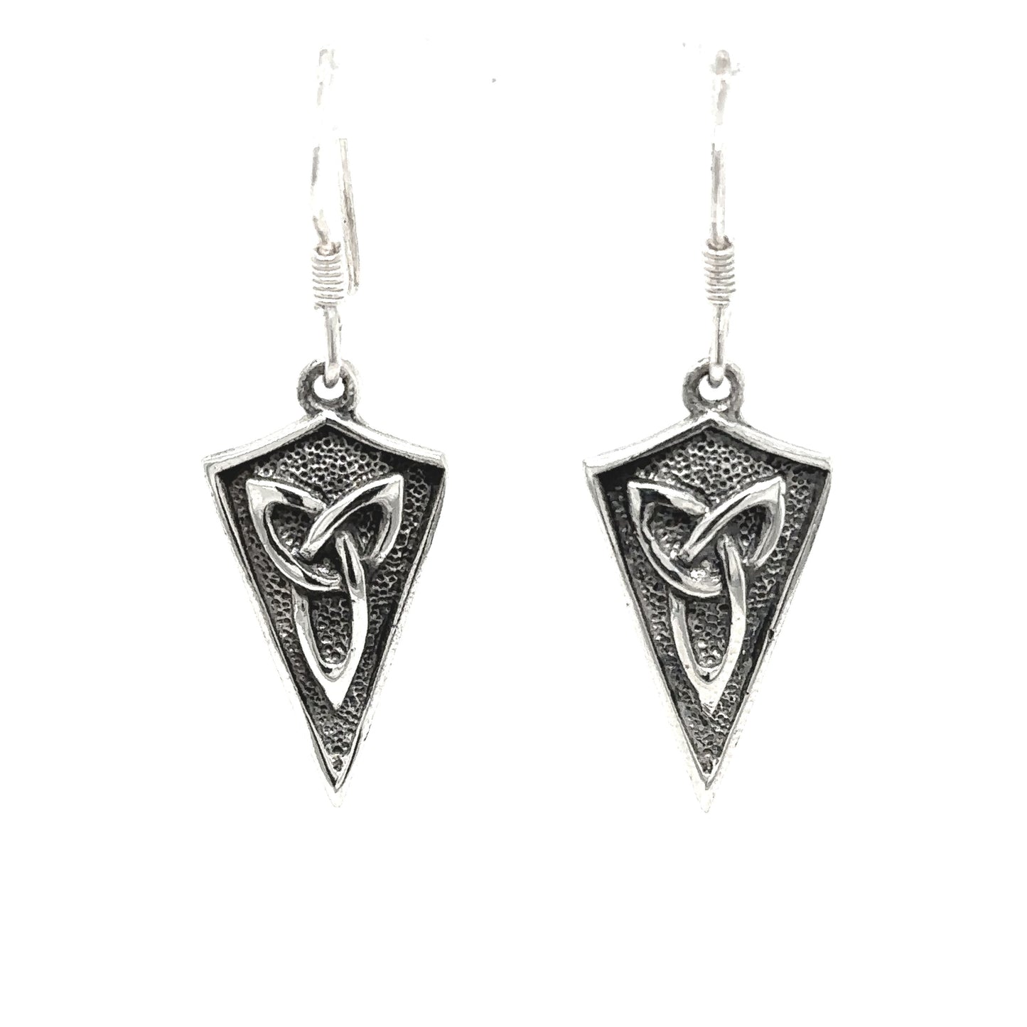 
                  
                    A pair of Super Silver Celtic Trinity Shield Earrings with a Trinity Knot design that symbolizes love and unity.
                  
                