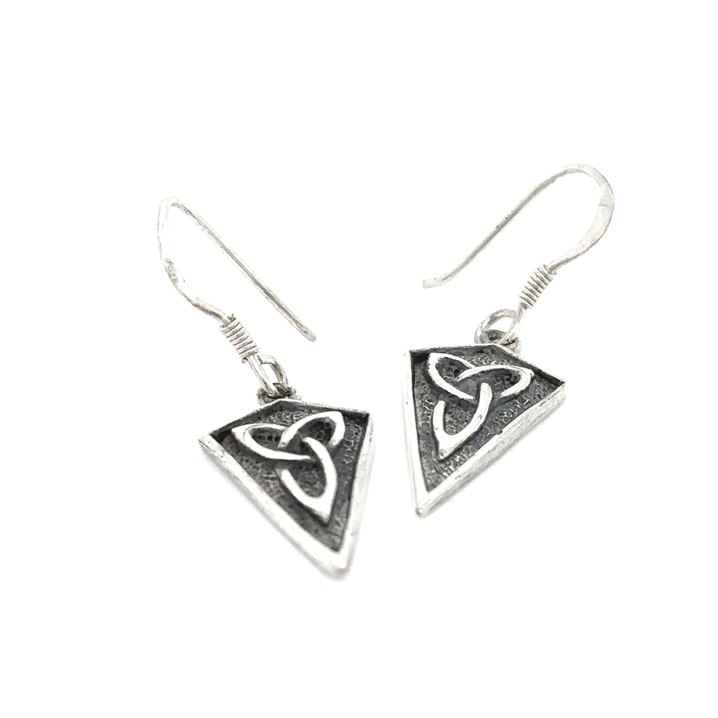 A pair of Super Silver Celtic Trinity Shield earrings, symbolizing love and unity.
