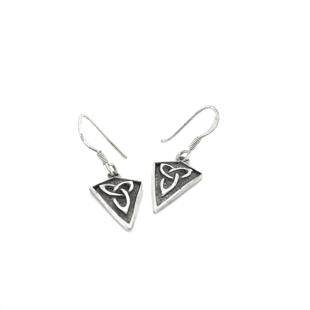 
                  
                    A pair of Super Silver Celtic Trinity Shield Earrings with a celtic design featuring the Celtic trinity knot, symbolizing love and unity.
                  
                