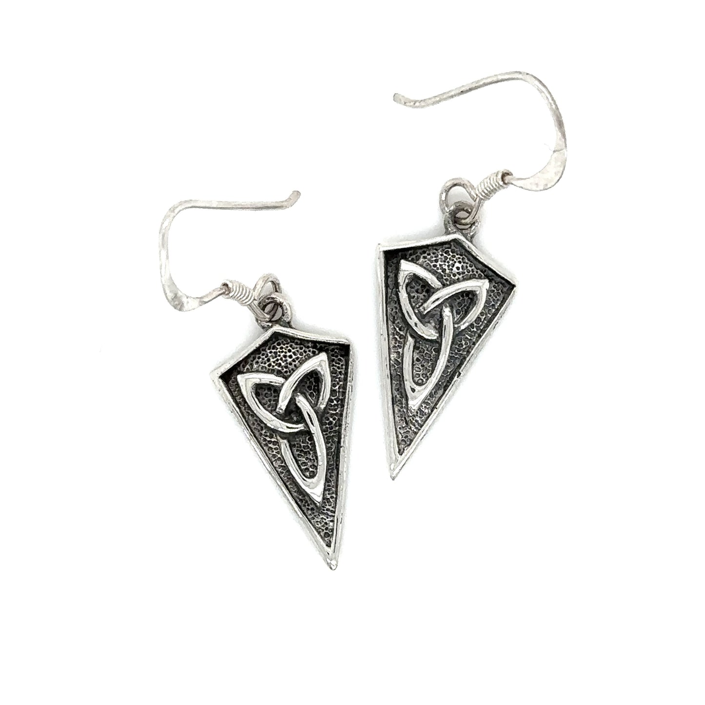 A pair of Super Silver Celtic Trinity Shield Earrings, symbolizing love and unity.