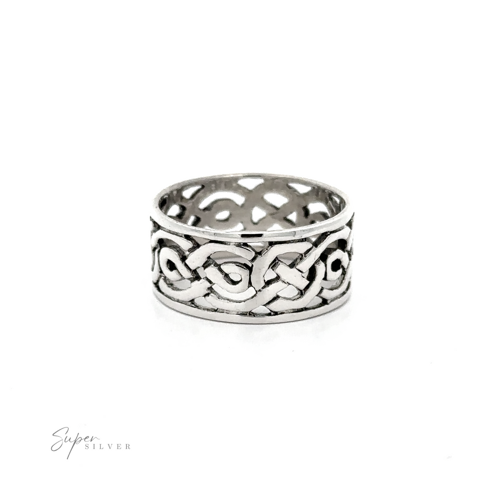 A comfortable sterling silver ring with a Wide Celtic Knot Band, perfect for everyday wear.