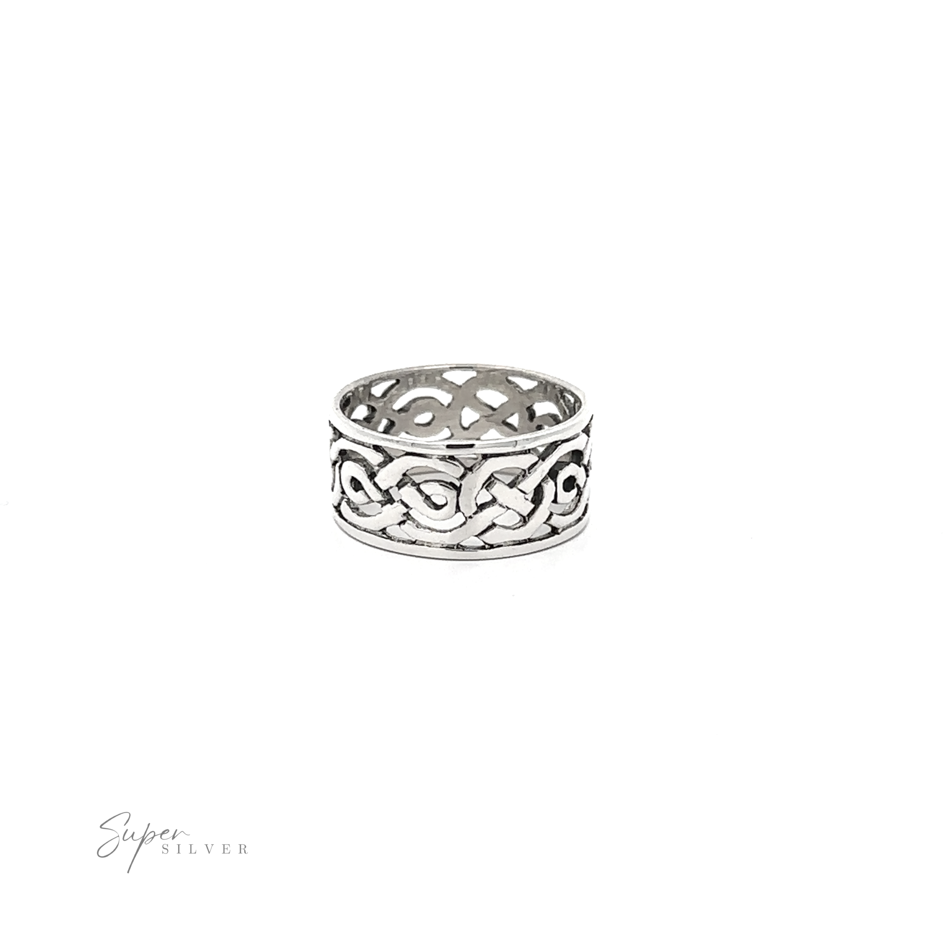 A silver ring with a Wide Celtic Knot Band, perfect for adding to your ring collection.