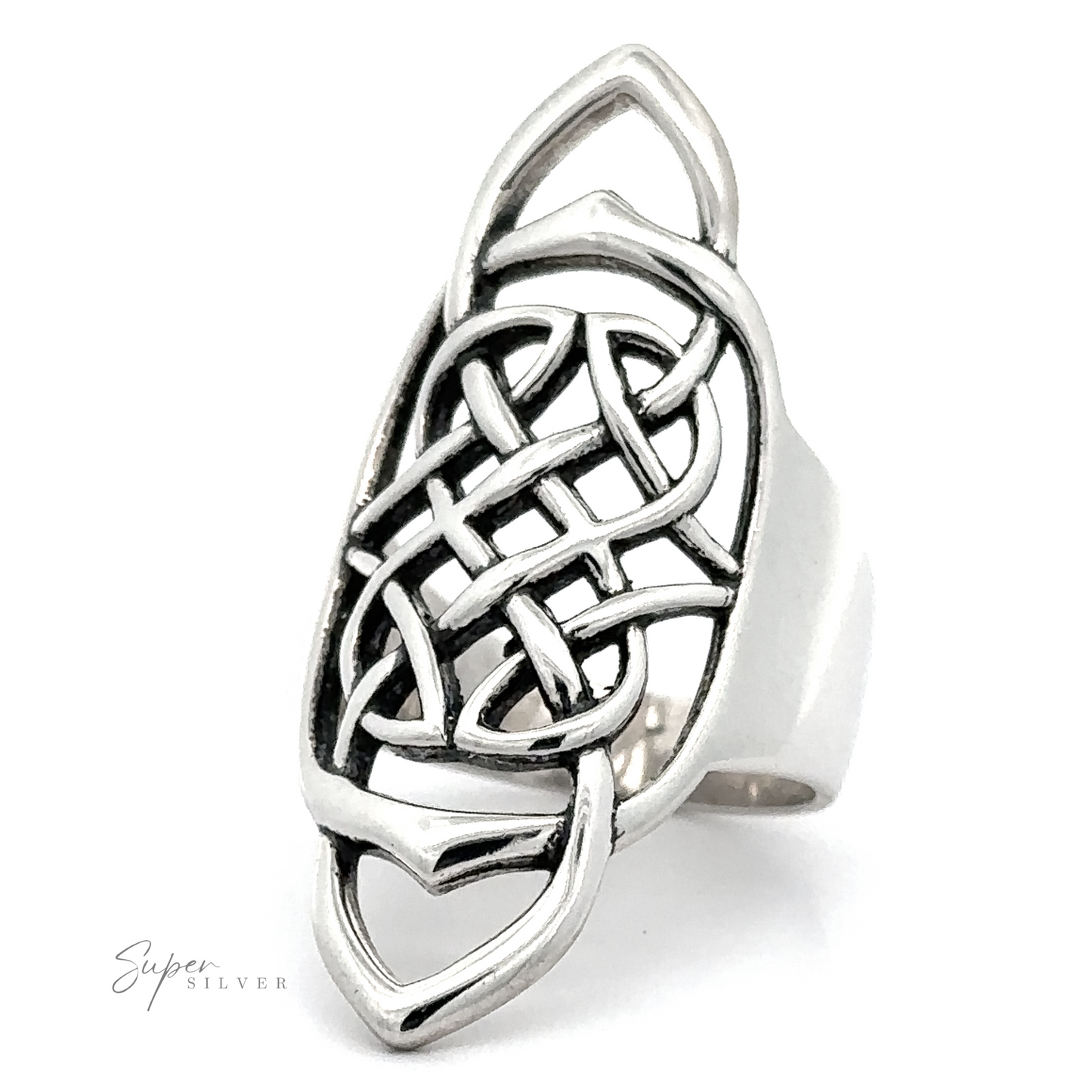 A silver elongated celtic knot ring.