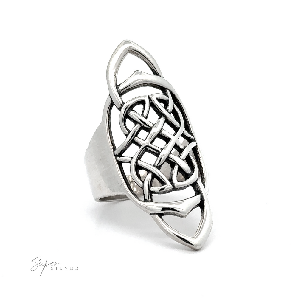 
                  
                    An elongated Celtic knot ring with a wider band sterling silver ring.
                  
                
