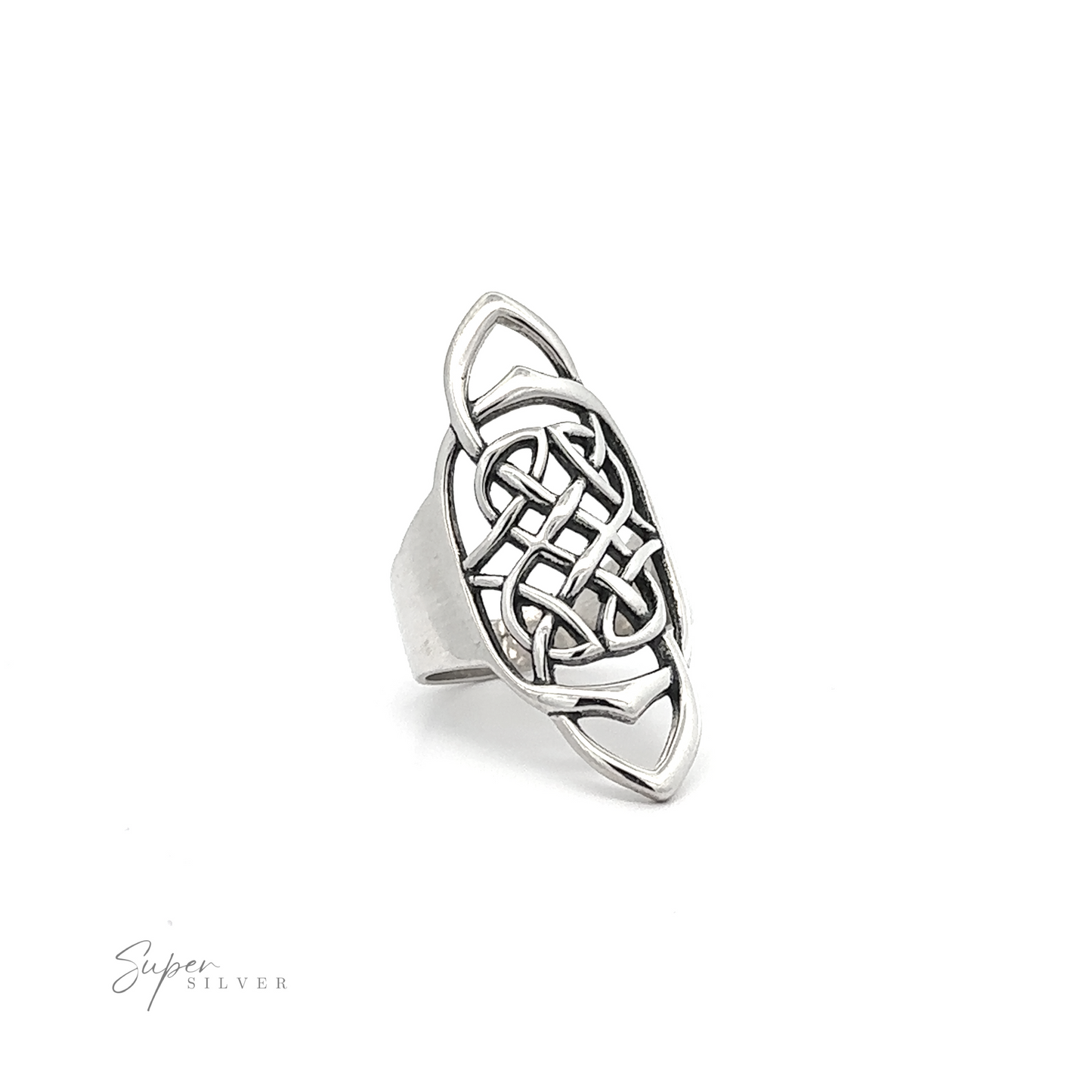 
                  
                    A wider band ring with an Elongated Celtic Knot design.
                  
                