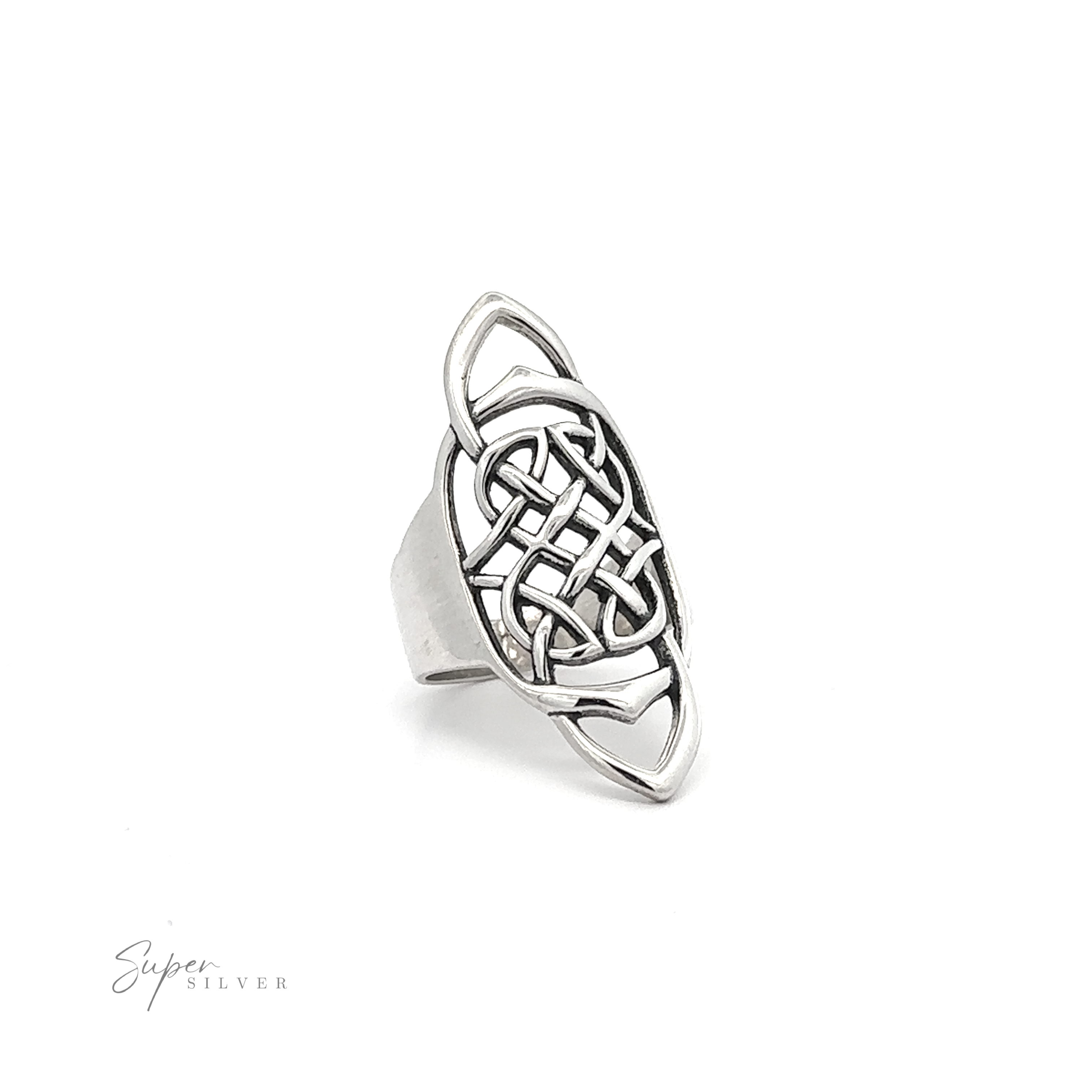 A wider band ring with an Elongated Celtic Knot design.
