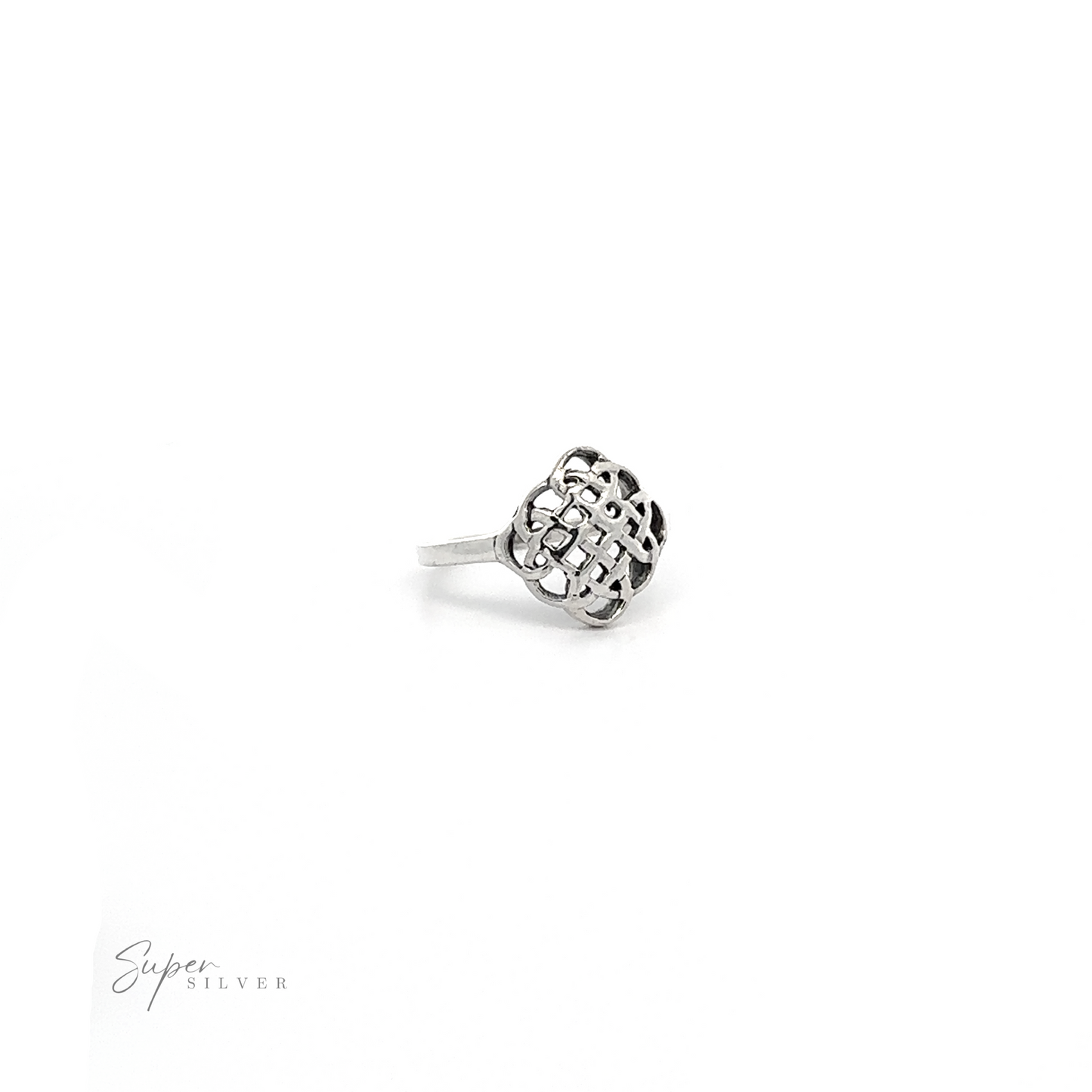 
                  
                    A Beautiful Silver Celtic Knot Ring with a flower on it.
                  
                