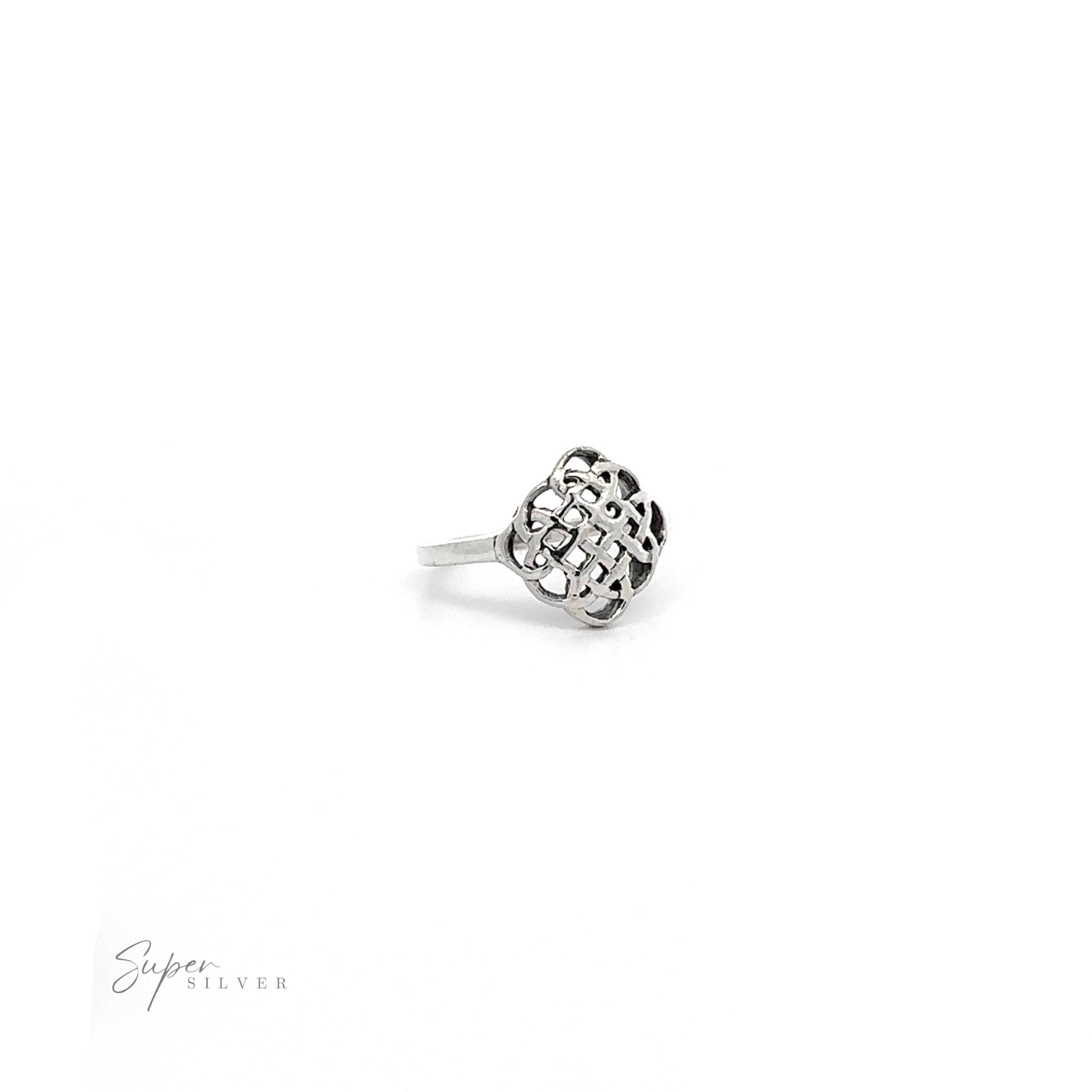 A Beautiful Silver Celtic Knot Ring with a flower on it.