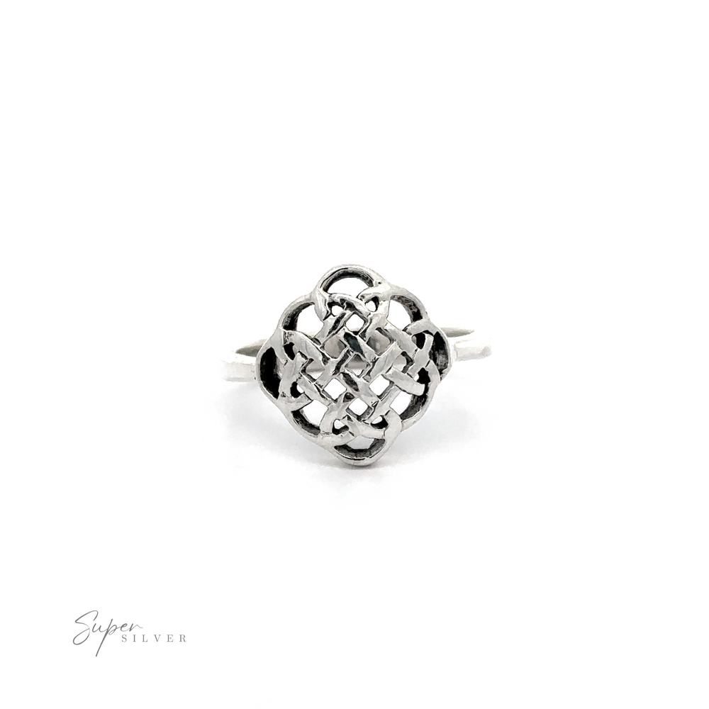 
                  
                    A beautiful silver Celtic knot ring with a floral design.
                  
                