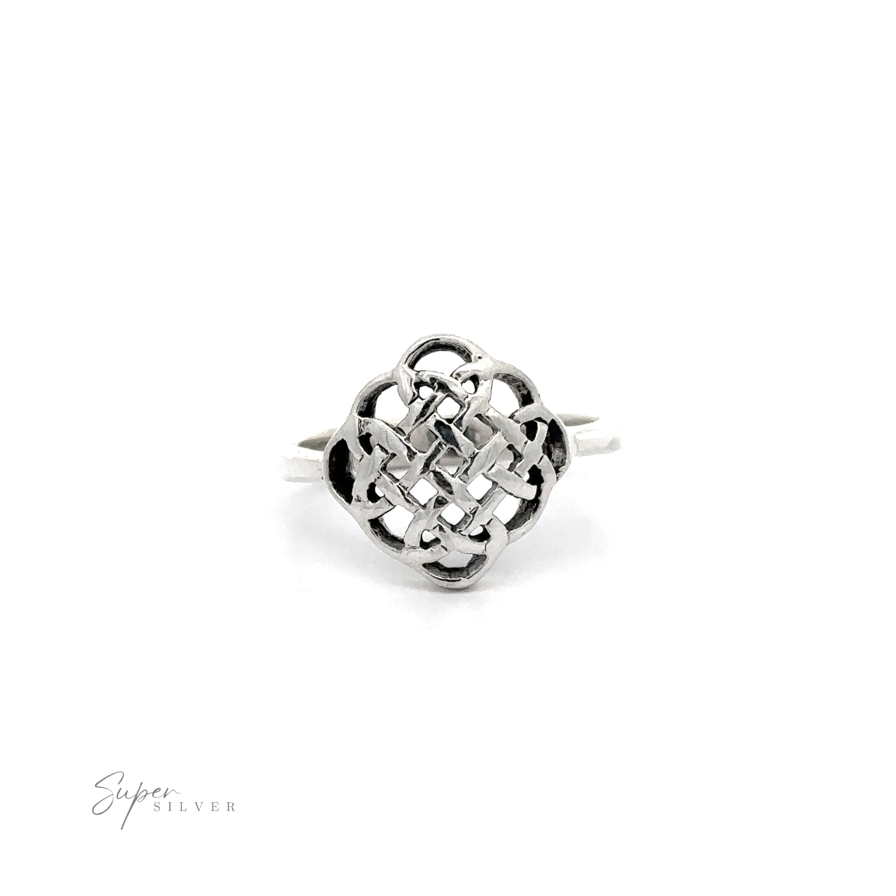 A beautiful silver Celtic knot ring with a floral design.