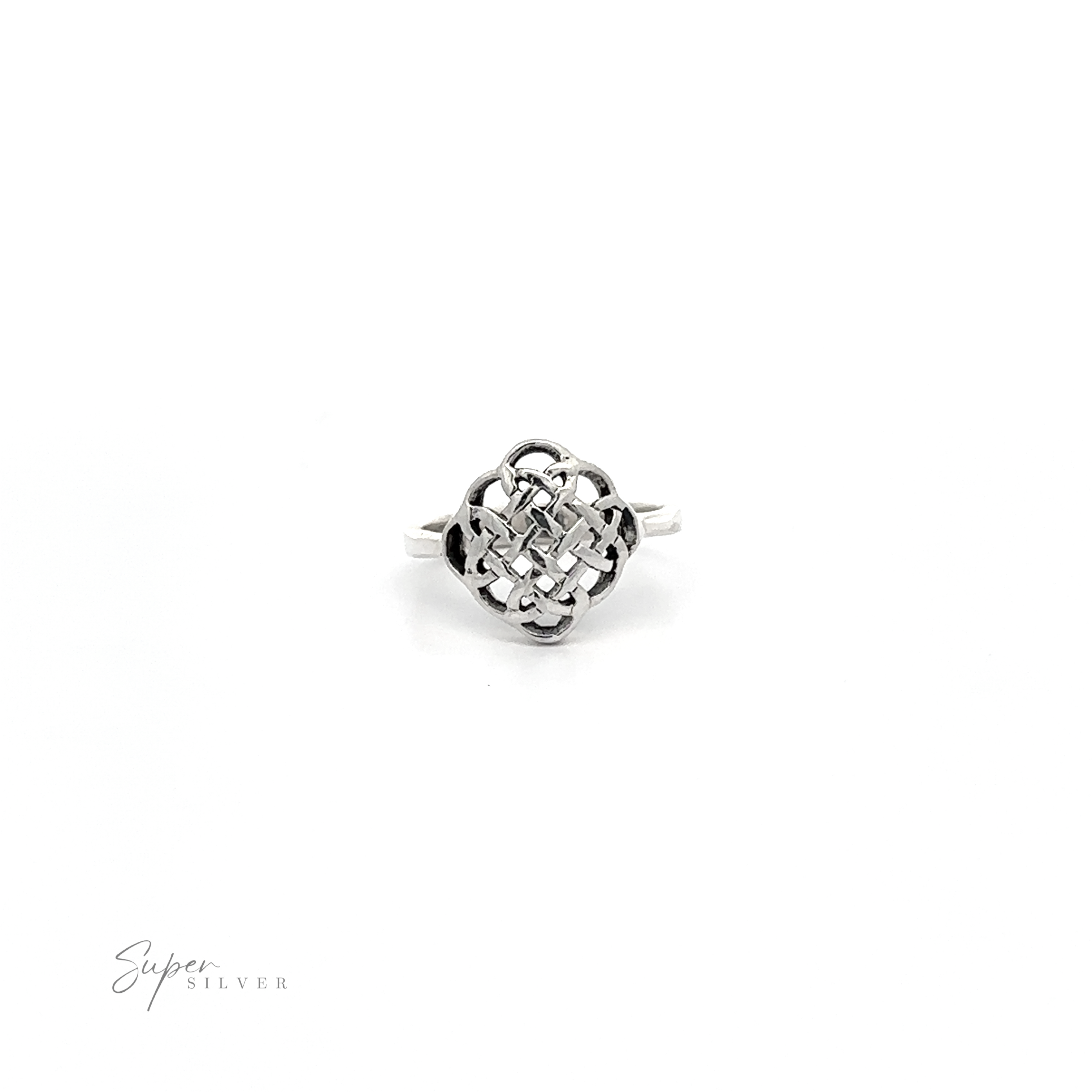 A Beautiful Silver Celtic Knot Ring with a diamond in the center.